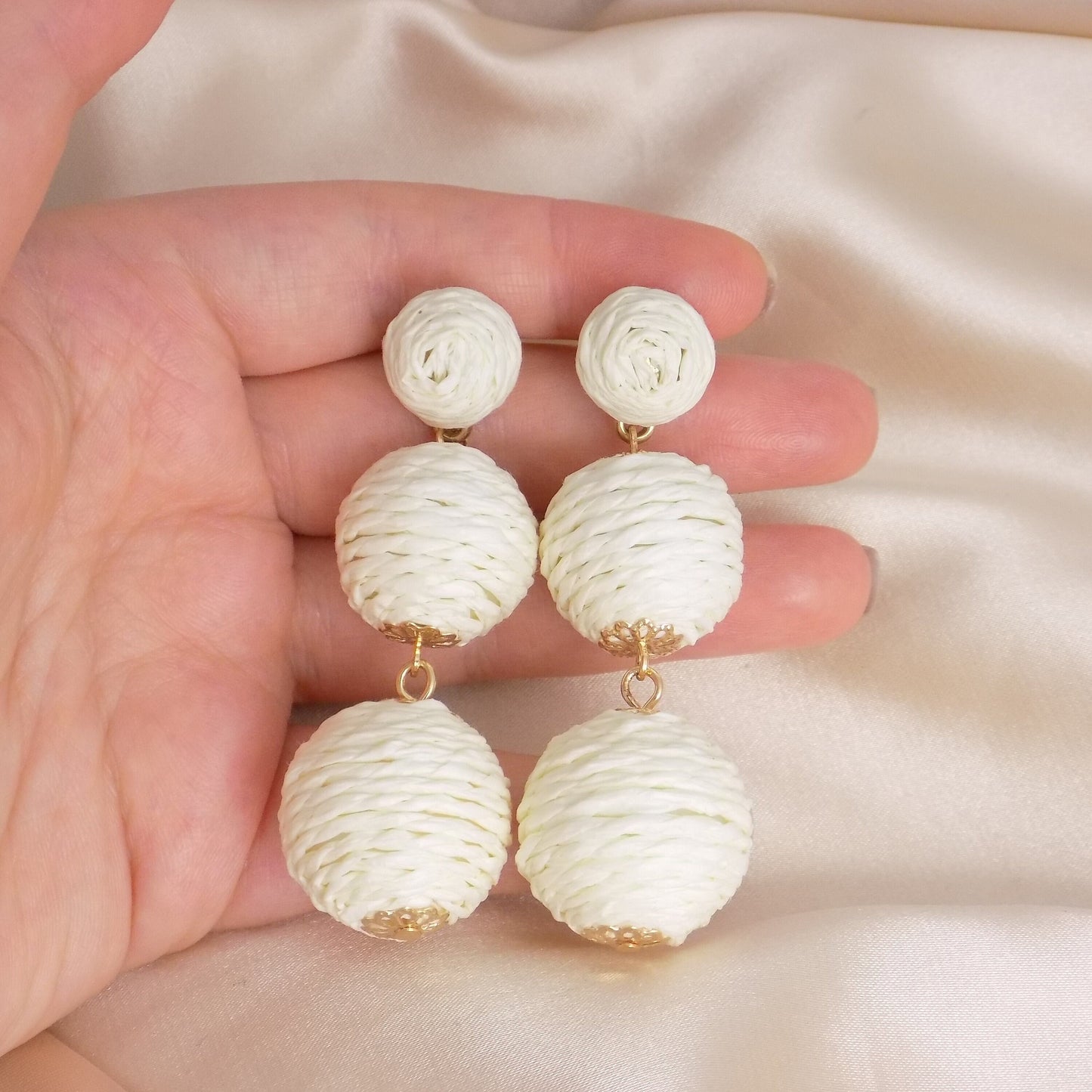 Large Boho Earrings White Gold, Statement Raffia Dangle Earrings, Gifts For Her, M7-328