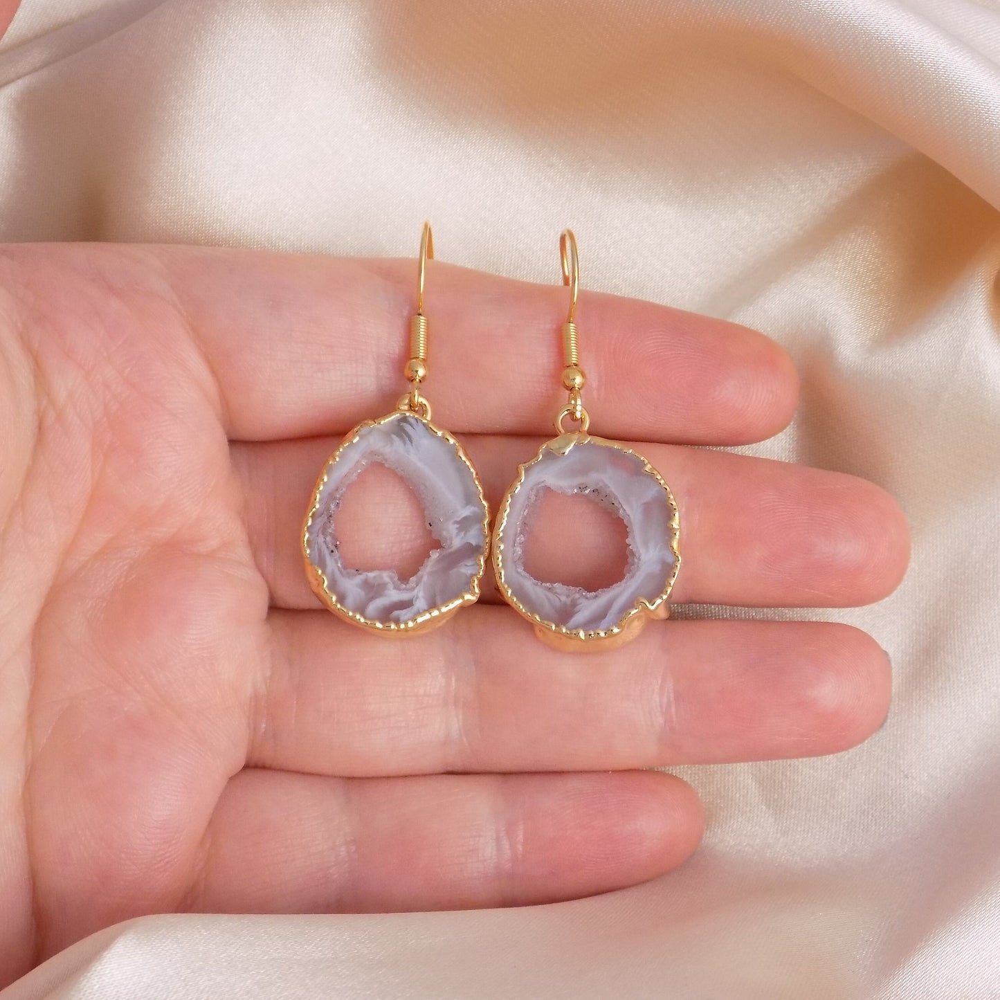 Christmas Gift For Her - Gray Geode Natural Gemstone Earrings Gold