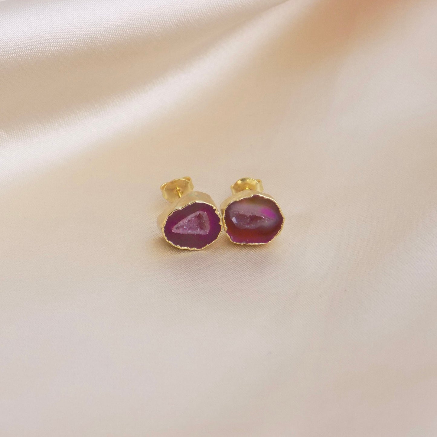 Unique Bridesmaid Gifts, Pink Geode Earrings Studs Gold, Gift For Her, G15-42