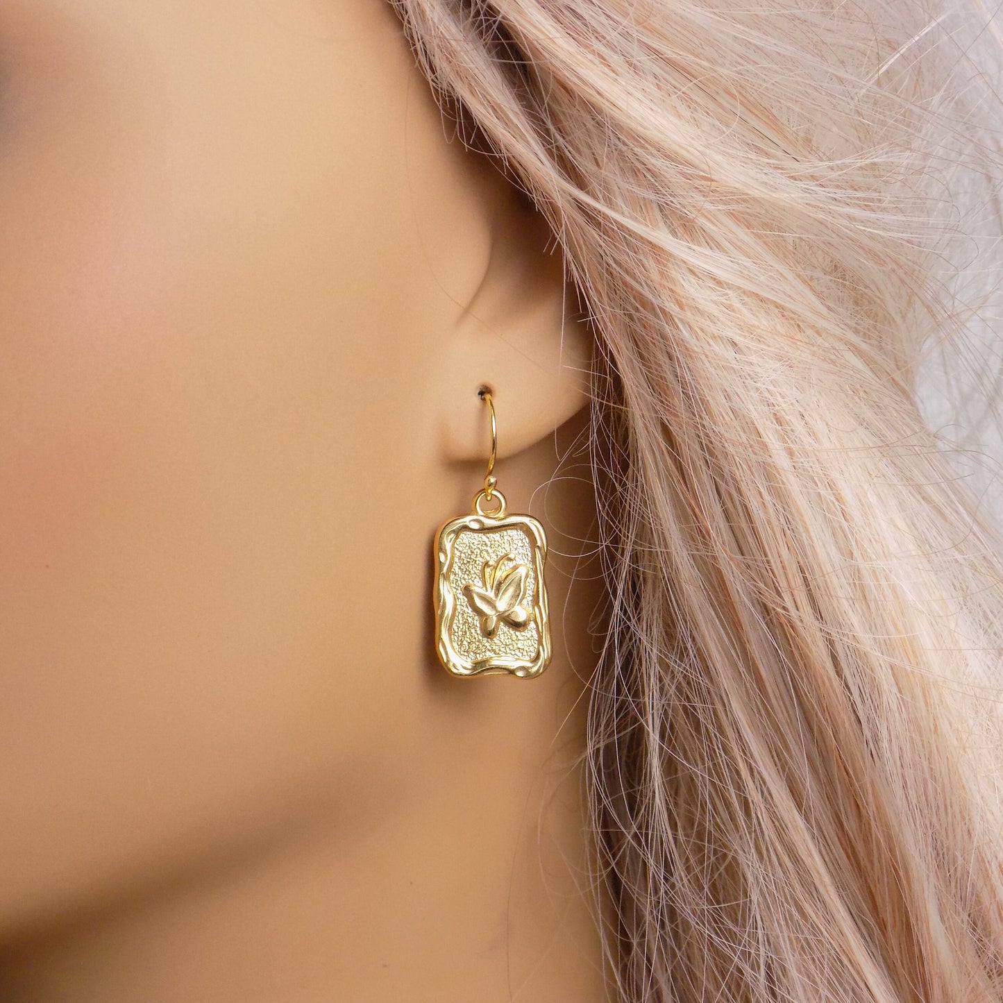 Gold Butterfly Earrings, Minimalist Butterfly, Rectangle Tag Dangle Earring, Unique Gifts Women, M7-304