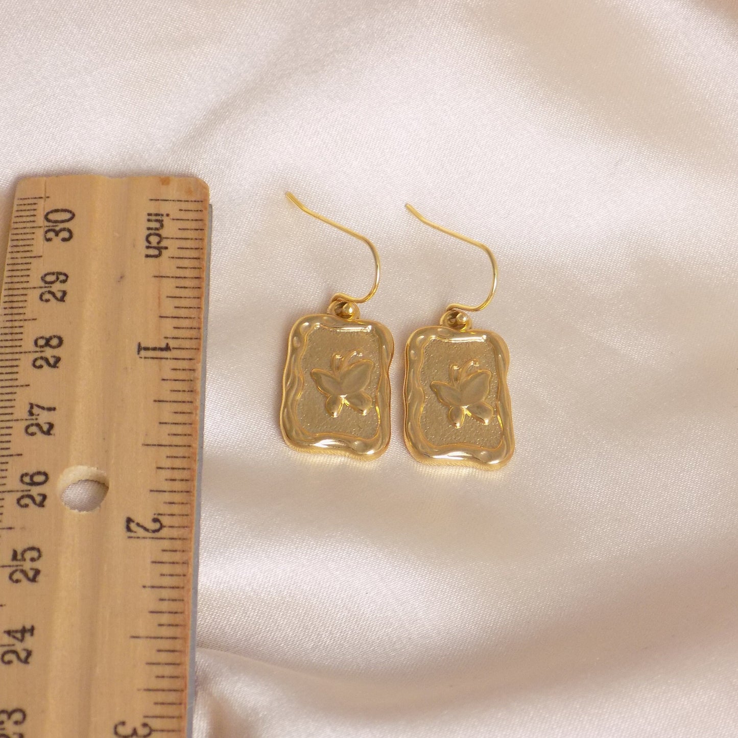 Gold Butterfly Earrings, Minimalist Butterfly, Rectangle Tag Dangle Earring, Unique Gifts Women, M7-304