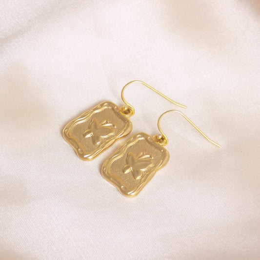 Gold Butterfly Earrings, Minimalist Butterfly, Rectangle Tag Dangle Earring, Unique Gifts Women, M7-304