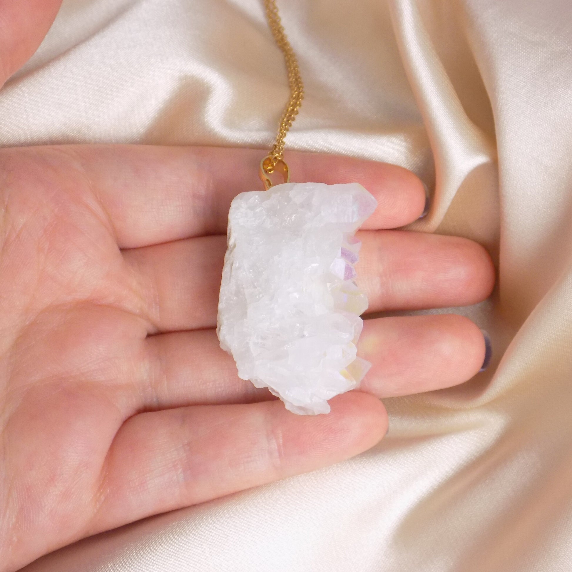 Angel Aura Quartz Necklace, Large Iridescent White Druzy Pendant Necklace Gold, Gift For Her, M7-307