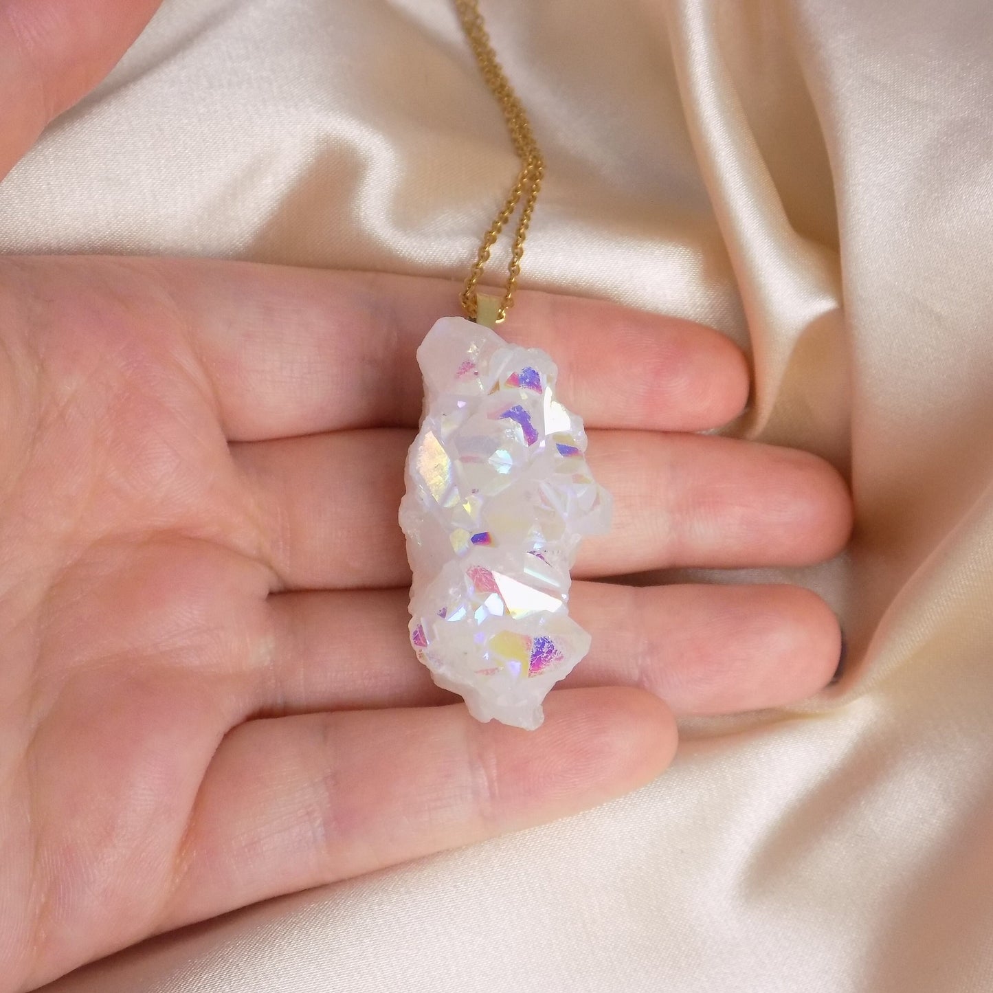 Angel Aura Quartz Necklace, Large Iridescent White Druzy Pendant Necklace Gold, Gift For Her, M7-307