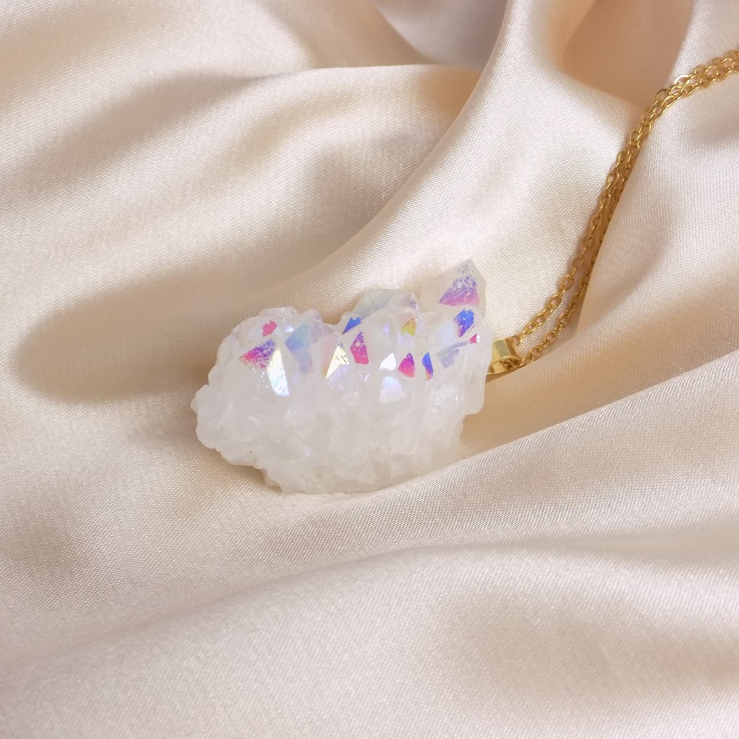 Angel Aura Quartz Necklace, Large Iridescent White Druzy Pendant Necklace Gold, Gift For Her, M7-307