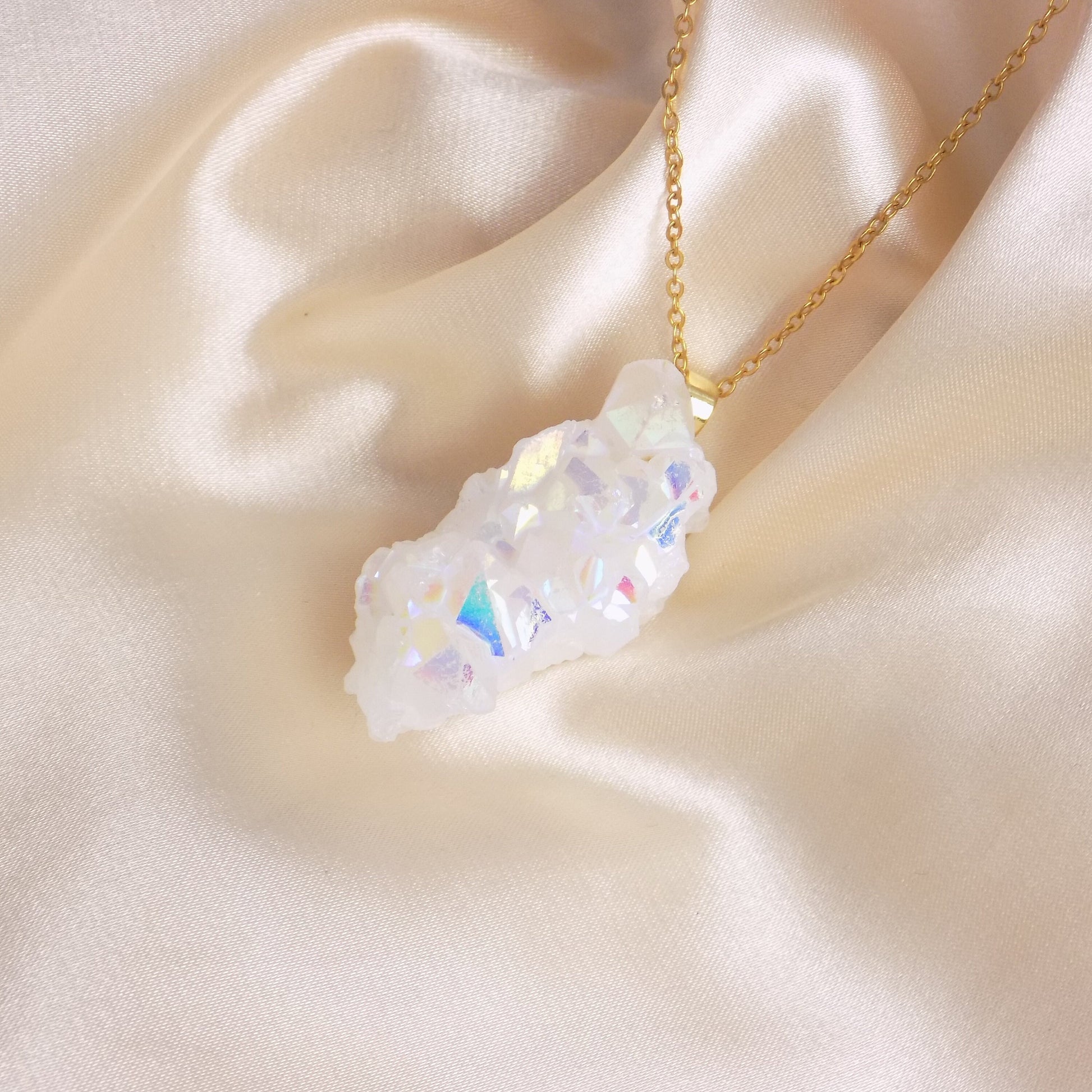 Angel Aura Quartz Necklace, Large Iridescent White Druzy Pendant Necklace Gold, Gift For Her, M7-307