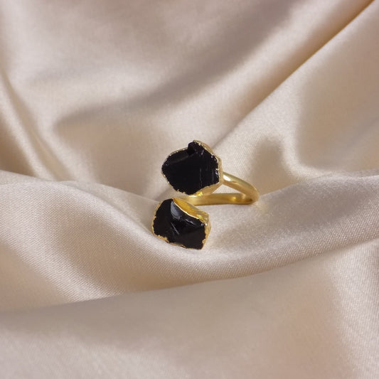 Raw Black Obsidian Ring, Rough Crystal Ring Gold Plated Adjustable, Boho Gemstone, Gift For Her, M7-309