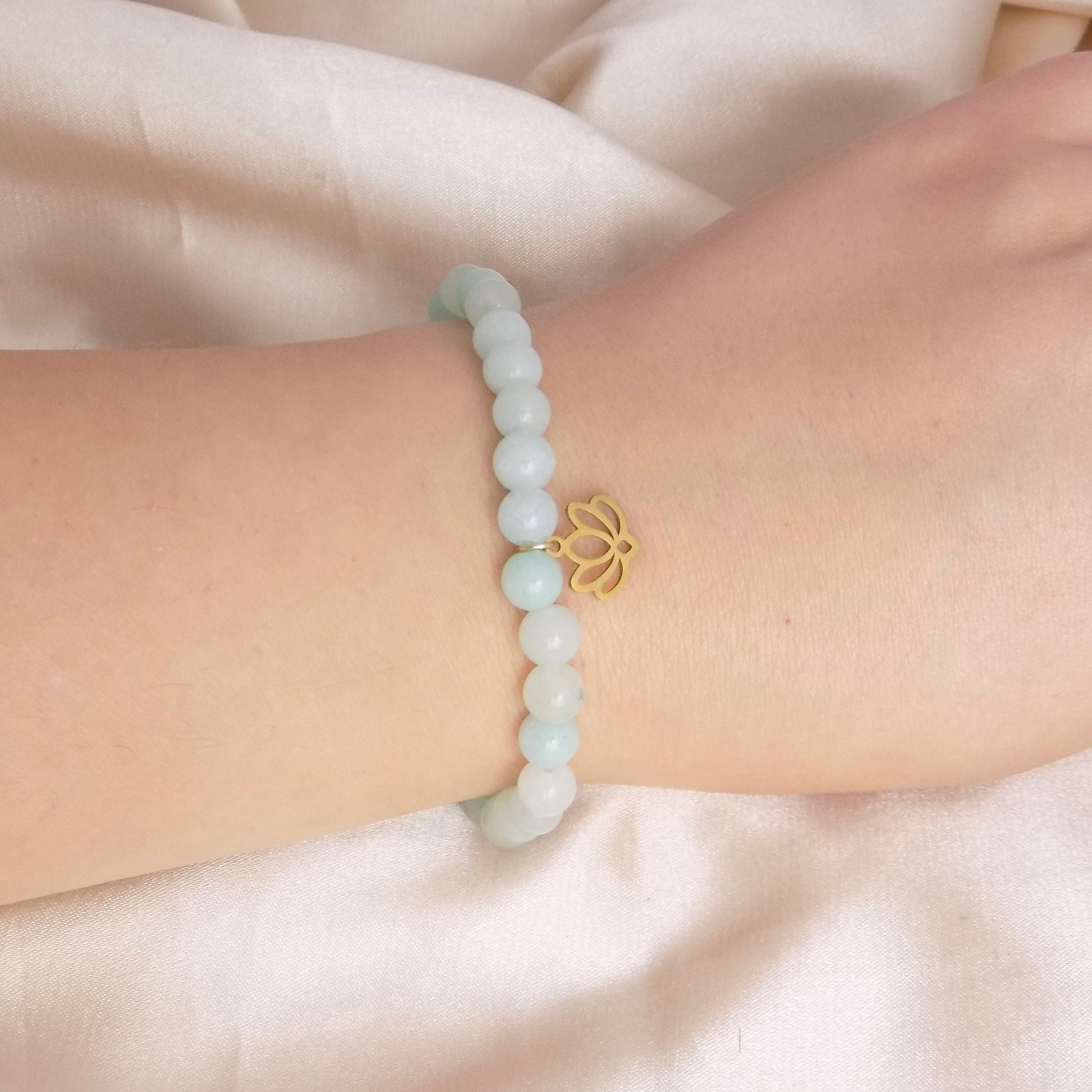 Light Green Jade Bracelet with Lotus Charm, 18K Gold Stainless Steel, Delicate Layer, Simple Everyday, M7-317