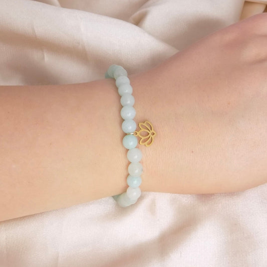 Light Green Jade Bracelet with Lotus Charm, 18K Gold Stainless Steel, Delicate Layer, Simple Everyday, M7-317