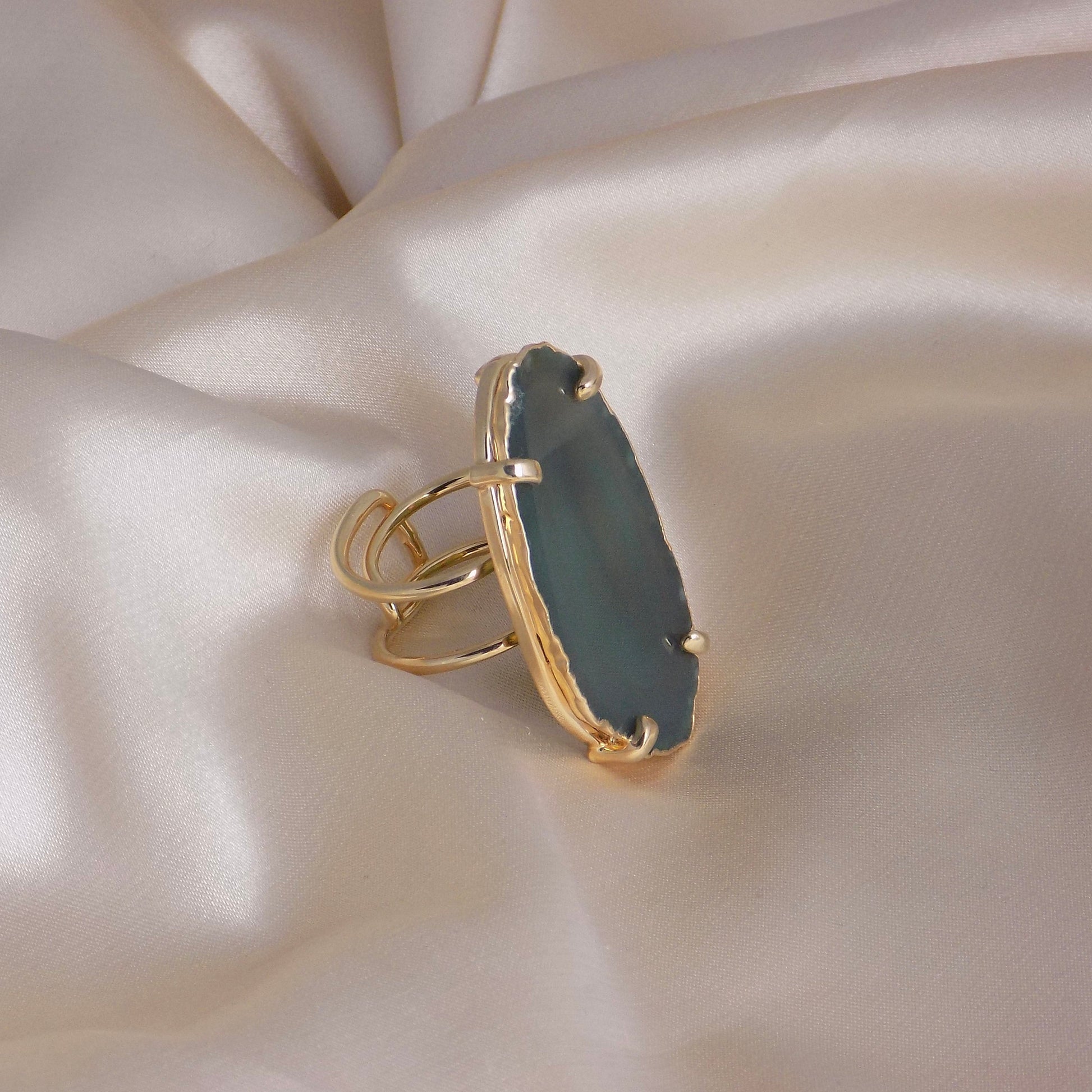 Green Agate Slice Ring Statement, Boho Large Geode Ring, Raw Crystal Ring Gold Adjustable, G15-81