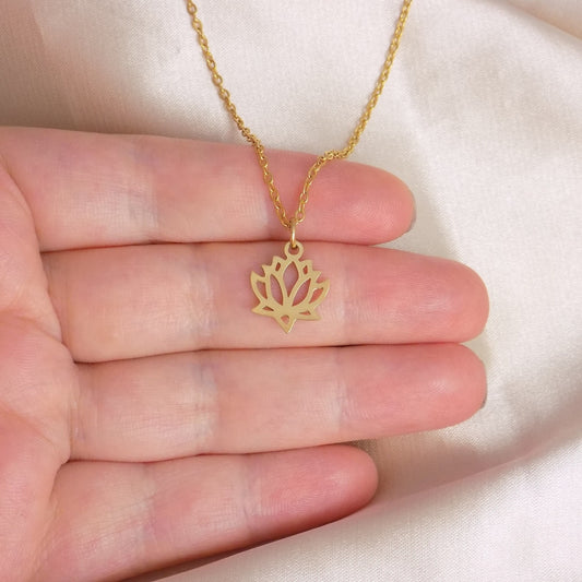 Gold Lotus Necklace, Lotus Flower Charm Necklace, 18K Gold Stainless Steel, Dainty Minimalist Padma, Waterlily Charm Gift For Her, M7-320