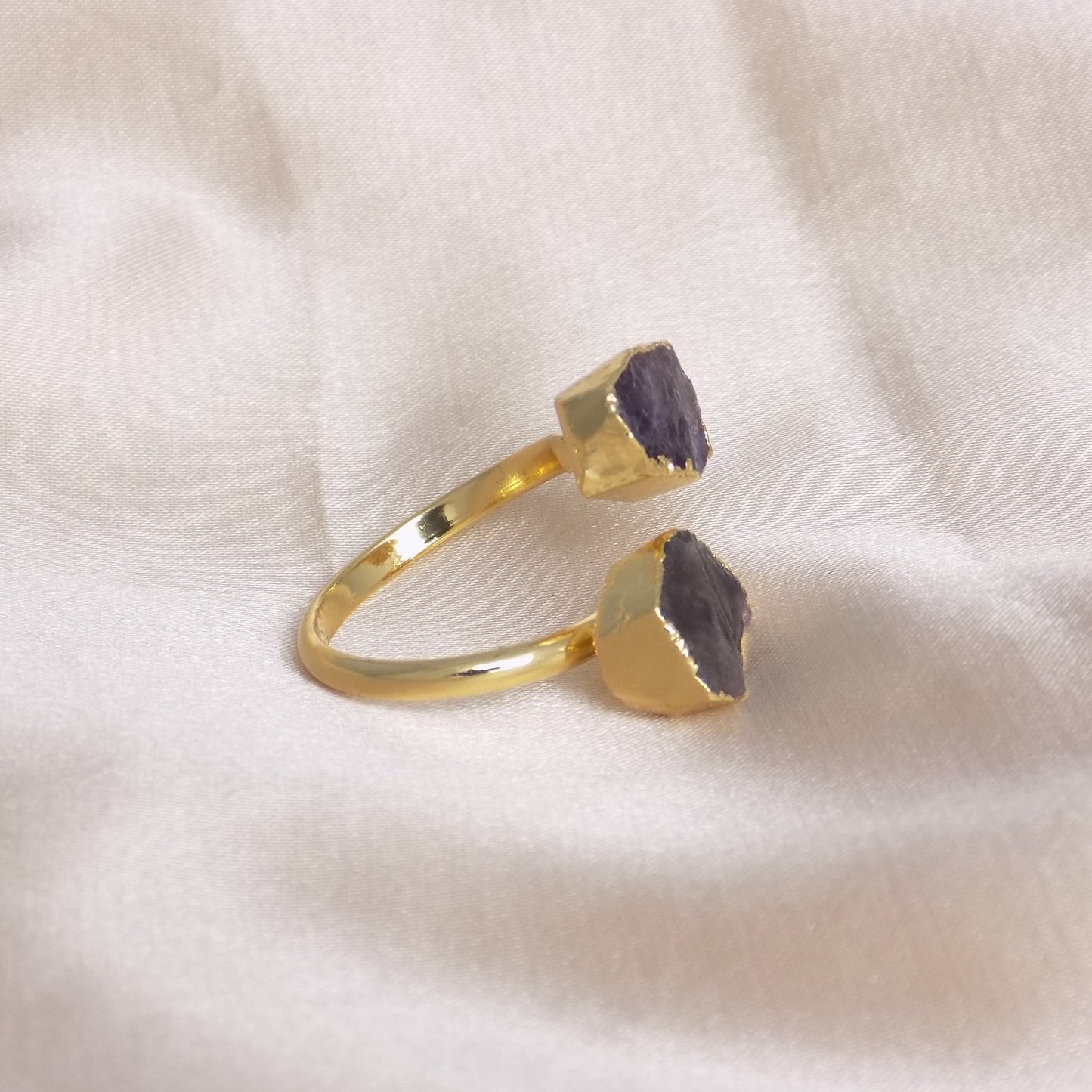 Raw Amethyst Gemstone Ring Adjustable Gold Plated, Two Purple Stones Rings, Minimalist Statement, M7-322