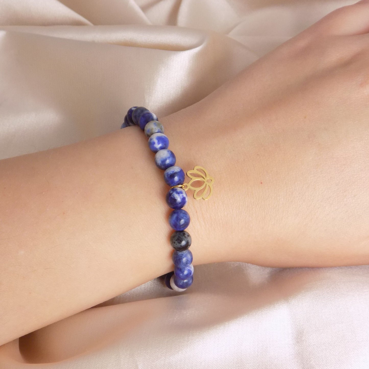 Blue Sodalite Bracelet with Lotus Charm, 18K Gold Stainless Steel, Delicate Layer, Simple Everyday, M7-317