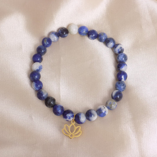 Blue Sodalite Bracelet with Lotus Charm, 18K Gold Stainless Steel, Delicate Layer, Simple Everyday, M7-317