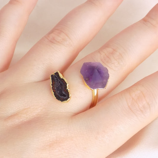 Amethyst and Geode Crystal Ring Gold Plated, Boho Gemstone Ring For Women, Gifts For Her, M7-327