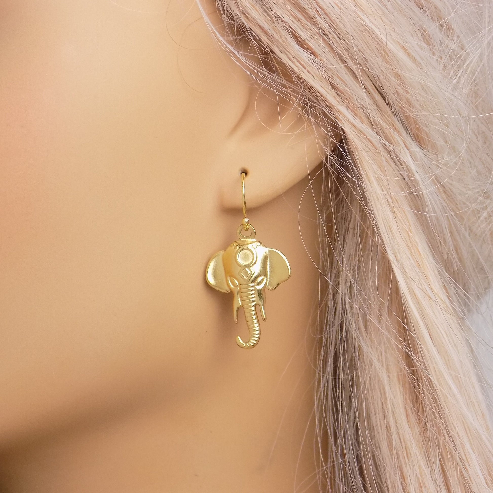 Large Elephant Earrings Gold, Charm Dangle Earring, Unique Jewelry, Gift For Her, M7-332