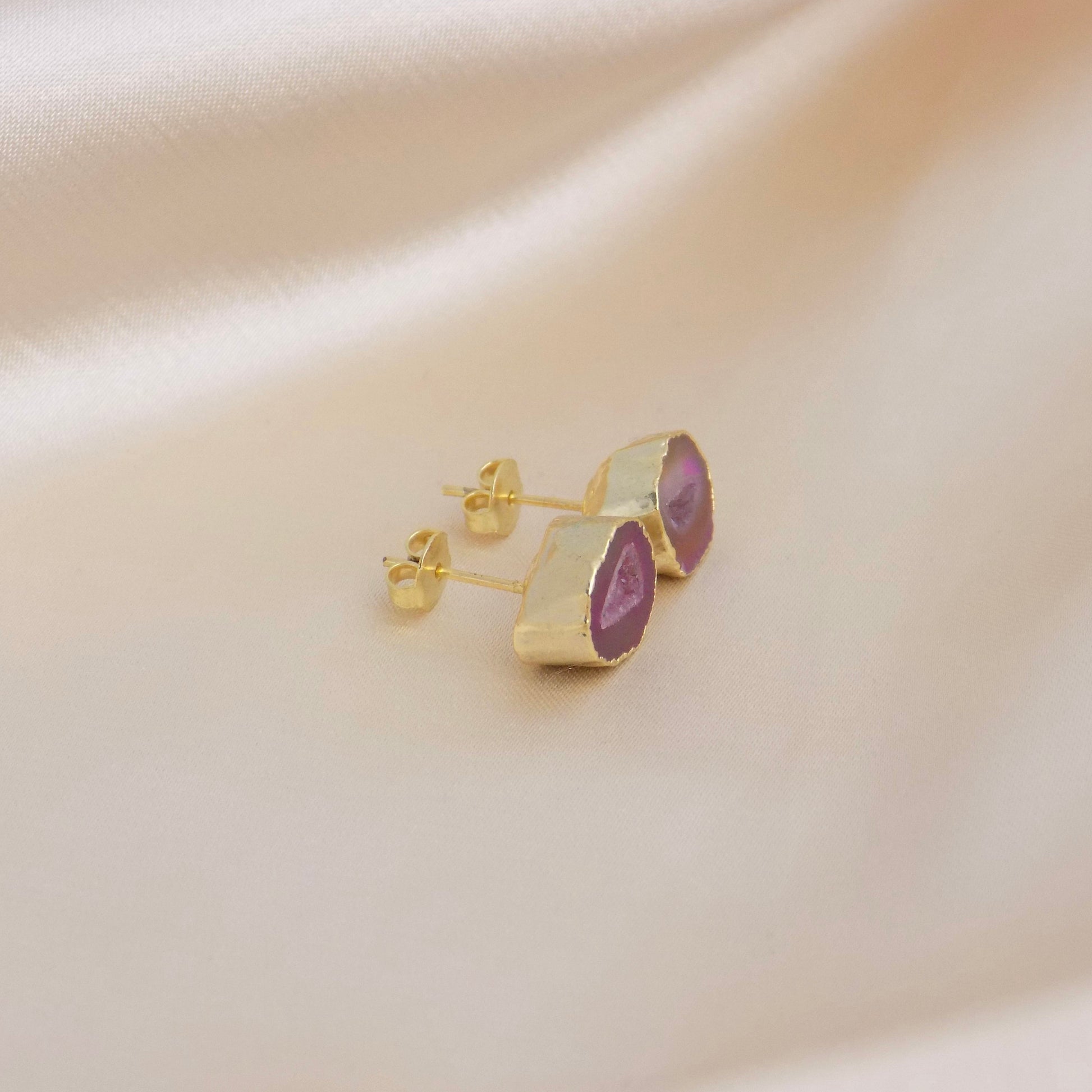 Unique Bridesmaid Gifts, Pink Geode Earrings Studs Gold, Gift For Her, G15-42