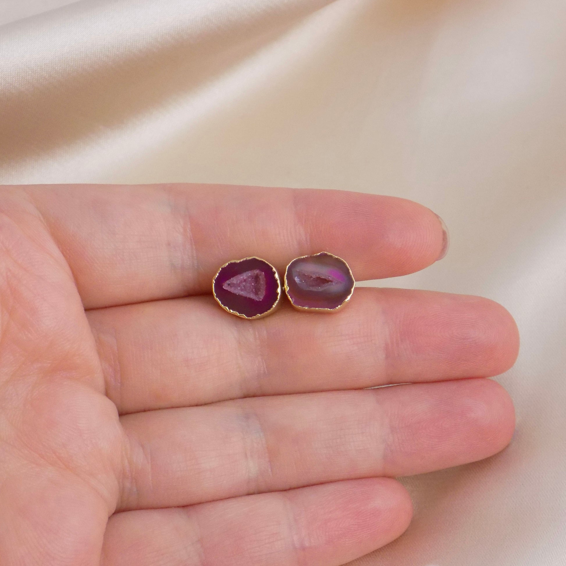 Unique Bridesmaid Gifts, Pink Geode Earrings Studs Gold, Gift For Her, G15-42