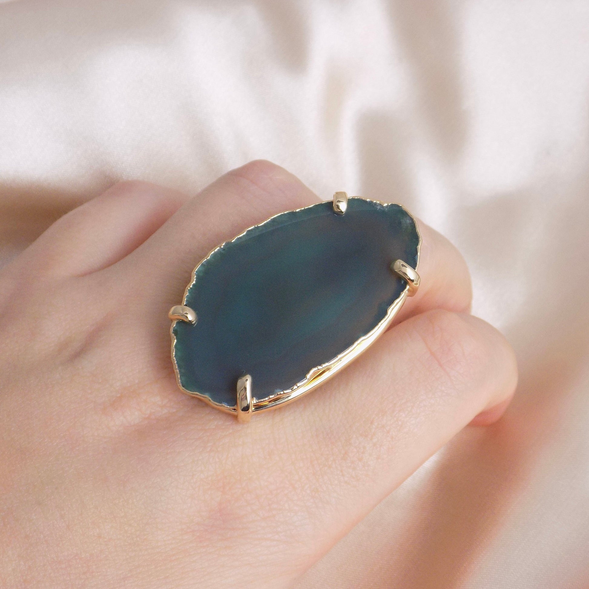 Green Agate Slice Ring Statement, Boho Large Geode Ring, Raw Crystal Ring Gold Adjustable, G15-81