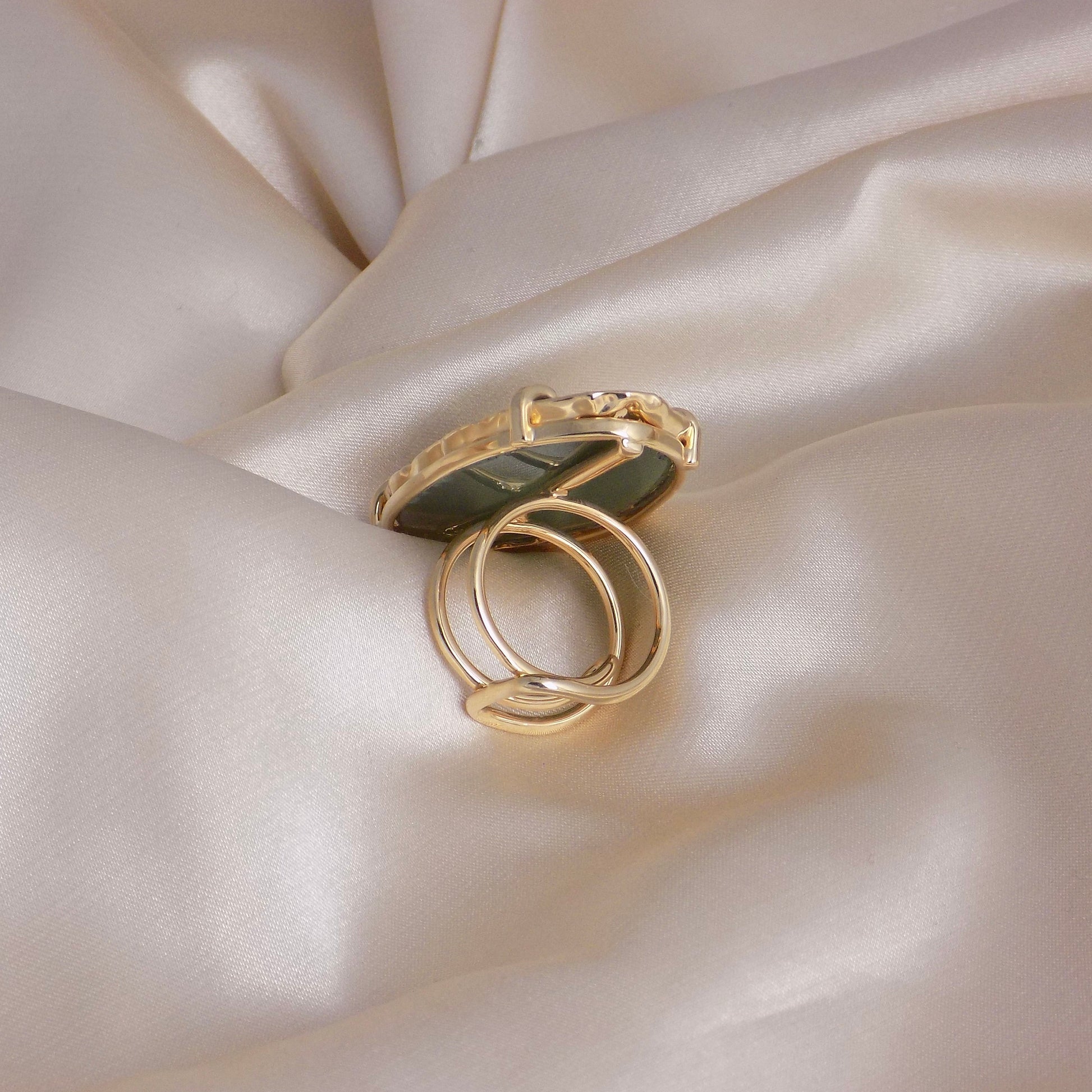 Green Agate Slice Ring Statement, Boho Large Geode Ring, Raw Crystal Ring Gold Adjustable, G15-81