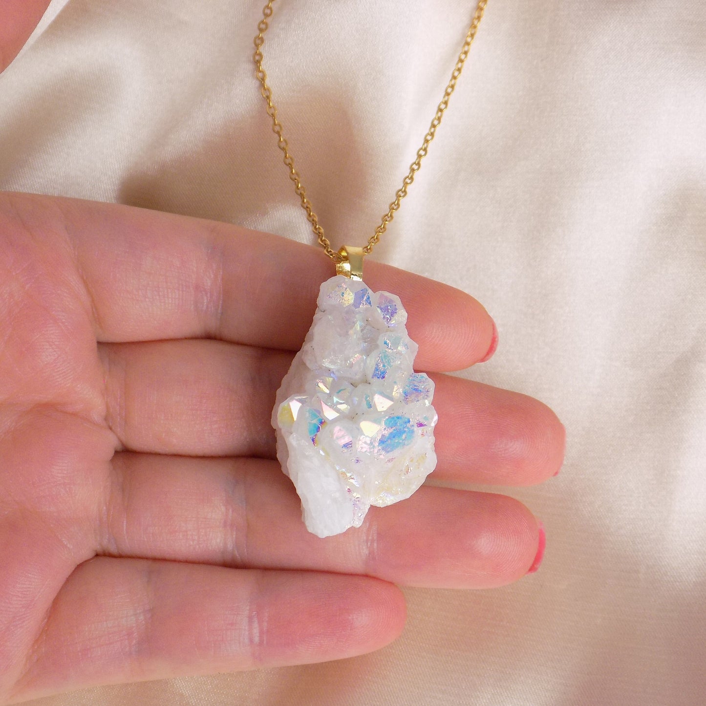 Angel Aura Quartz Cluster Necklace, Iridescent White Druzy Pendant Gold Extra Large, Unique Gifts For Her, M7-94