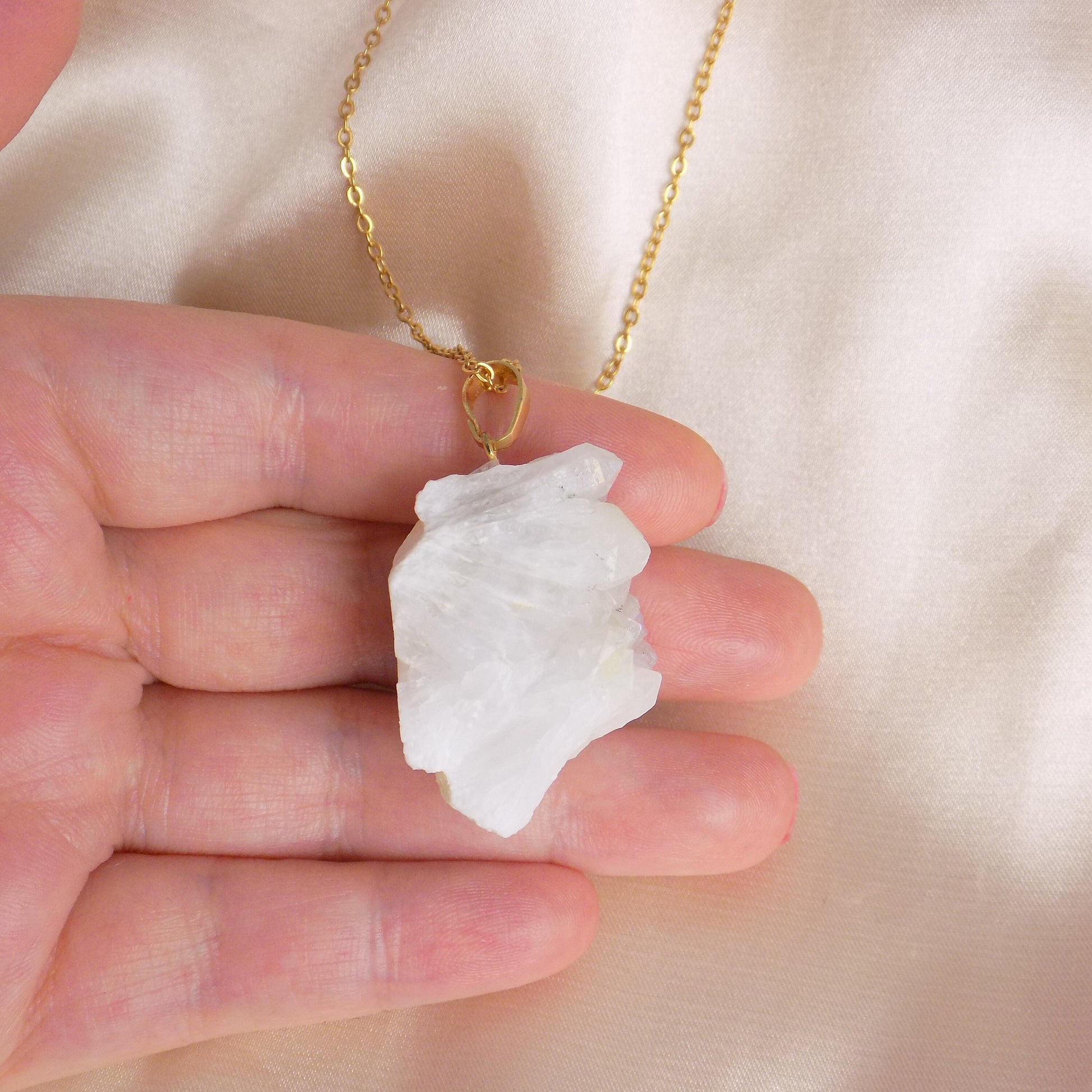 Angel Aura Quartz Cluster Necklace, Iridescent White Druzy Pendant Gold Extra Large, Unique Gifts For Her, M7-94