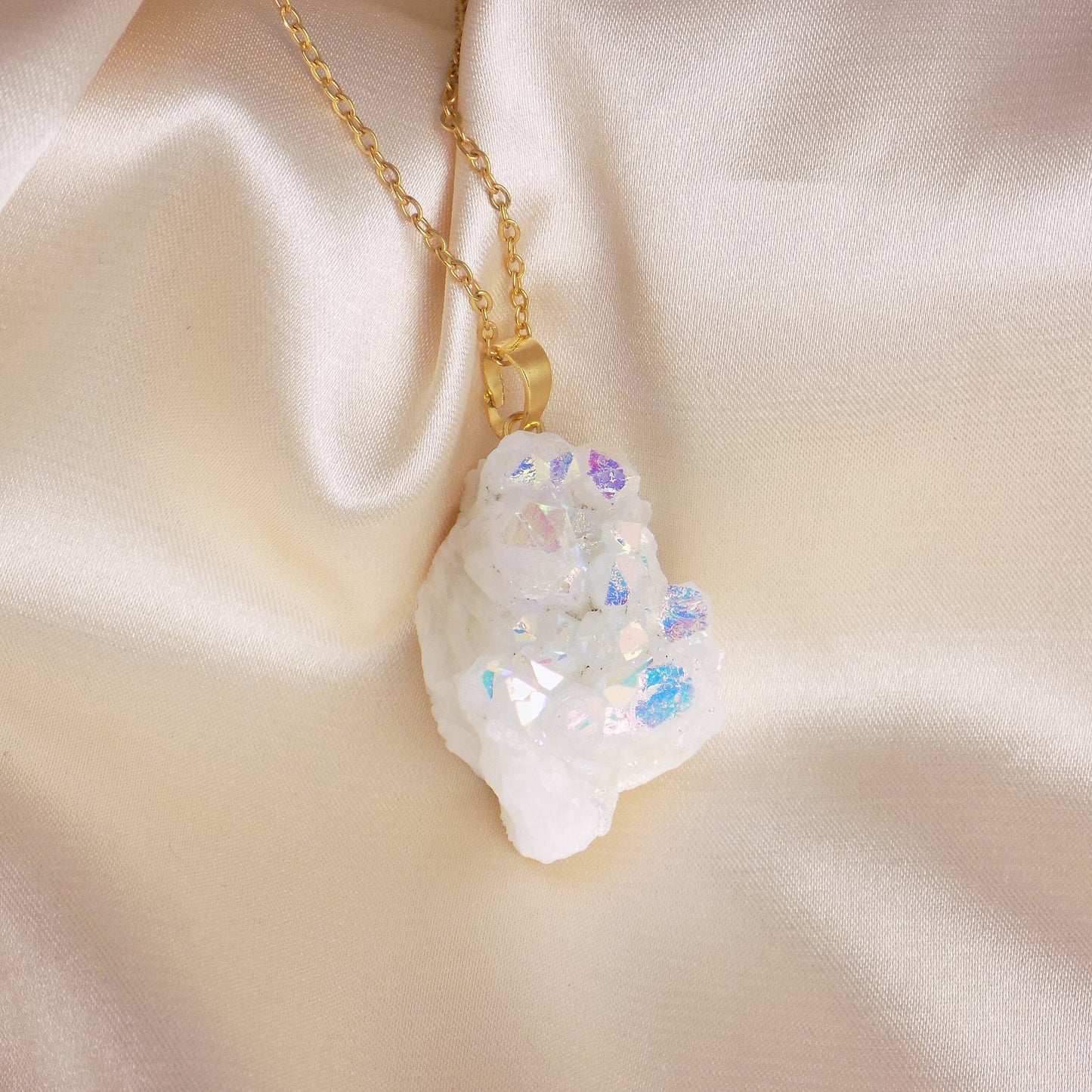 Angel Aura Quartz Cluster Necklace, Iridescent White Druzy Pendant Gold Extra Large, Unique Gifts For Her, M7-94