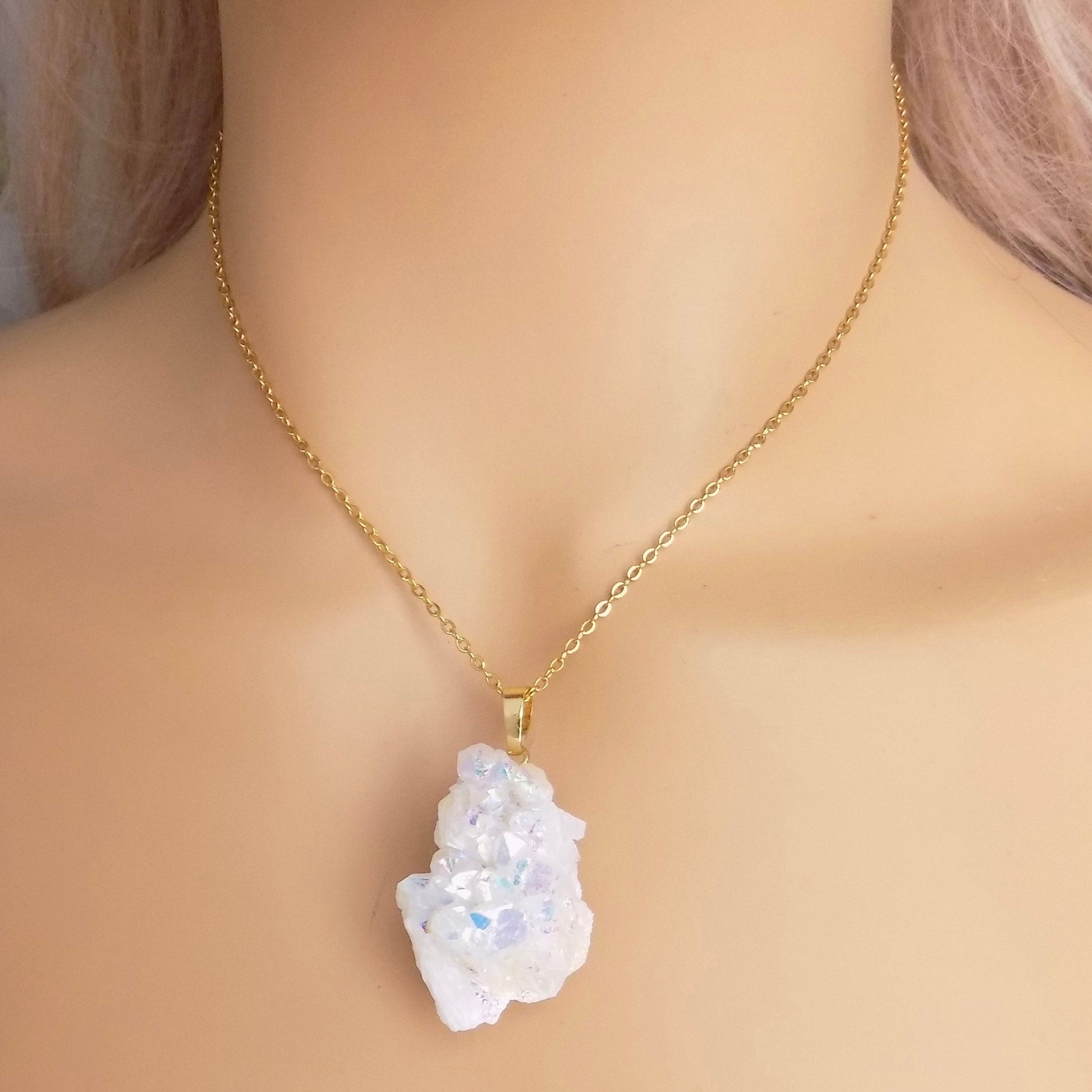 Angel Aura Quartz Cluster Necklace, Iridescent White Druzy Pendant Gold Extra Large, Unique Gifts For Her, M7-94