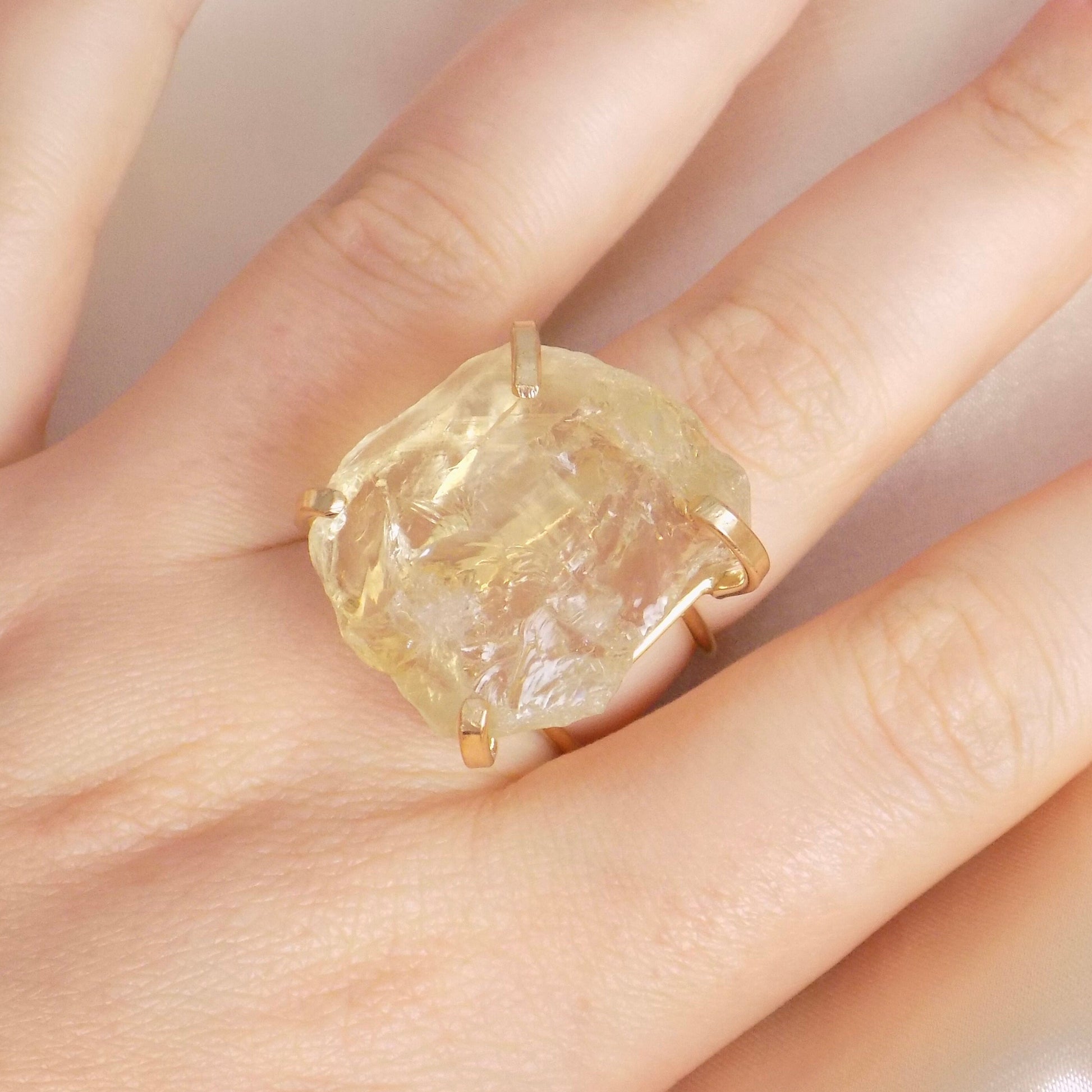 Large Citrine Ring - Raw Natural Citrine Ring Gold Plated Adjustable Band