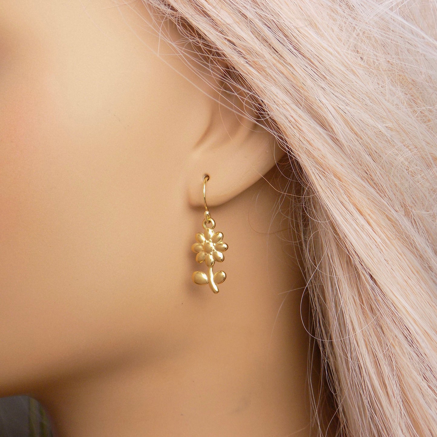 Flower Earrings Gold, Small Flower Dangle Earring, Gift For Her, M7-365