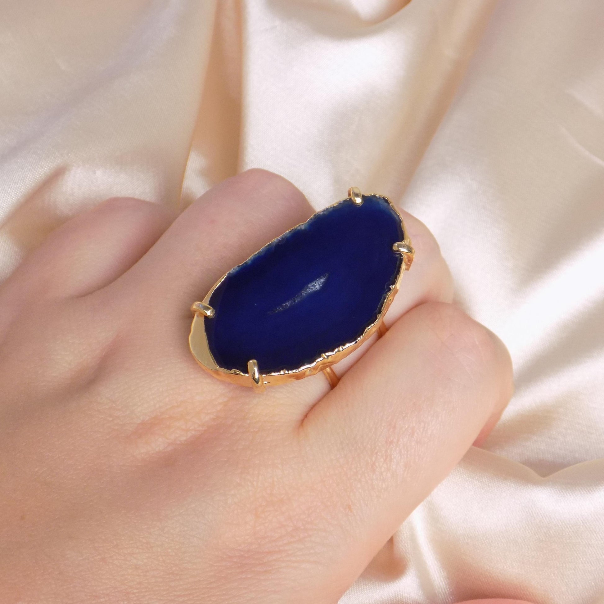 Gifts For Her, Large Blue Agate Slice Natural Gemstone Ring Gold Dipped Adjustable, G15-358