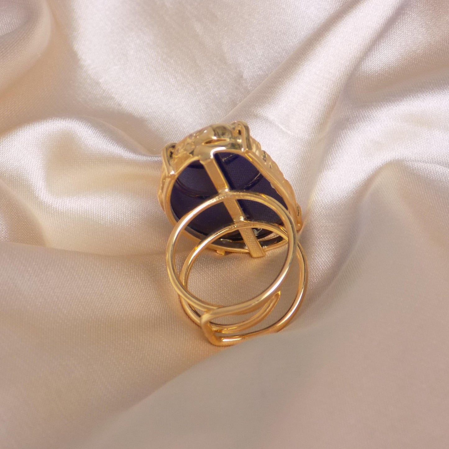 Gifts For Her, Large Blue Agate Slice Natural Gemstone Ring Gold Dipped Adjustable, G15-358