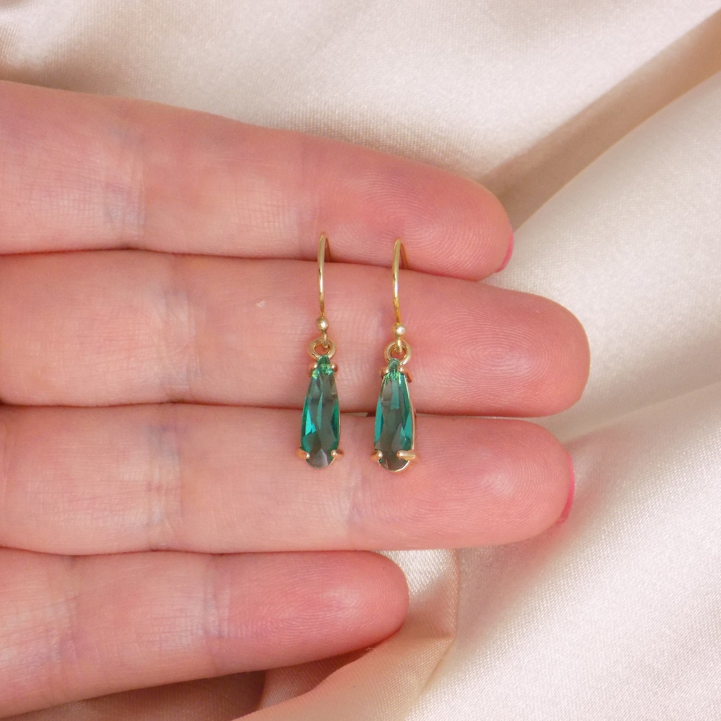 Green Emerald Crystal Earrings Gold, Dainty Crystal Dangle, Unique Christmas Gifts For Best Friend, M7-375