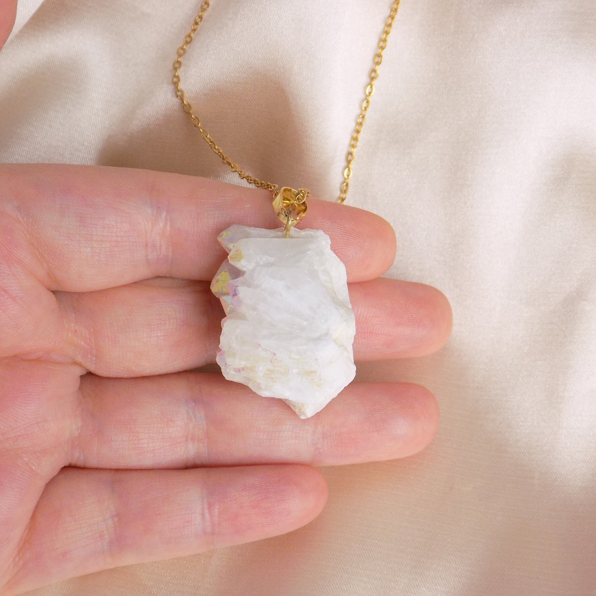 Angel Aura Quartz Cluster Necklace, Iridescent White Druzy Pendant Gold Extra Large, Unique Gifts For Her, M7-94