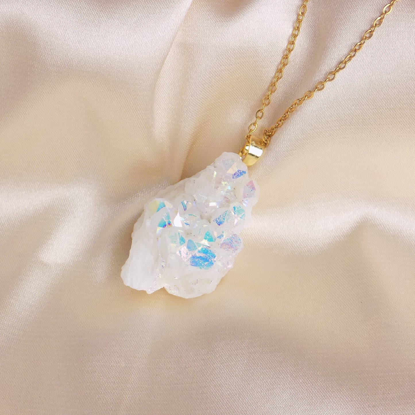 Angel Aura Quartz Cluster Necklace, Iridescent White Druzy Pendant Gold Extra Large, Unique Gifts For Her, M7-94