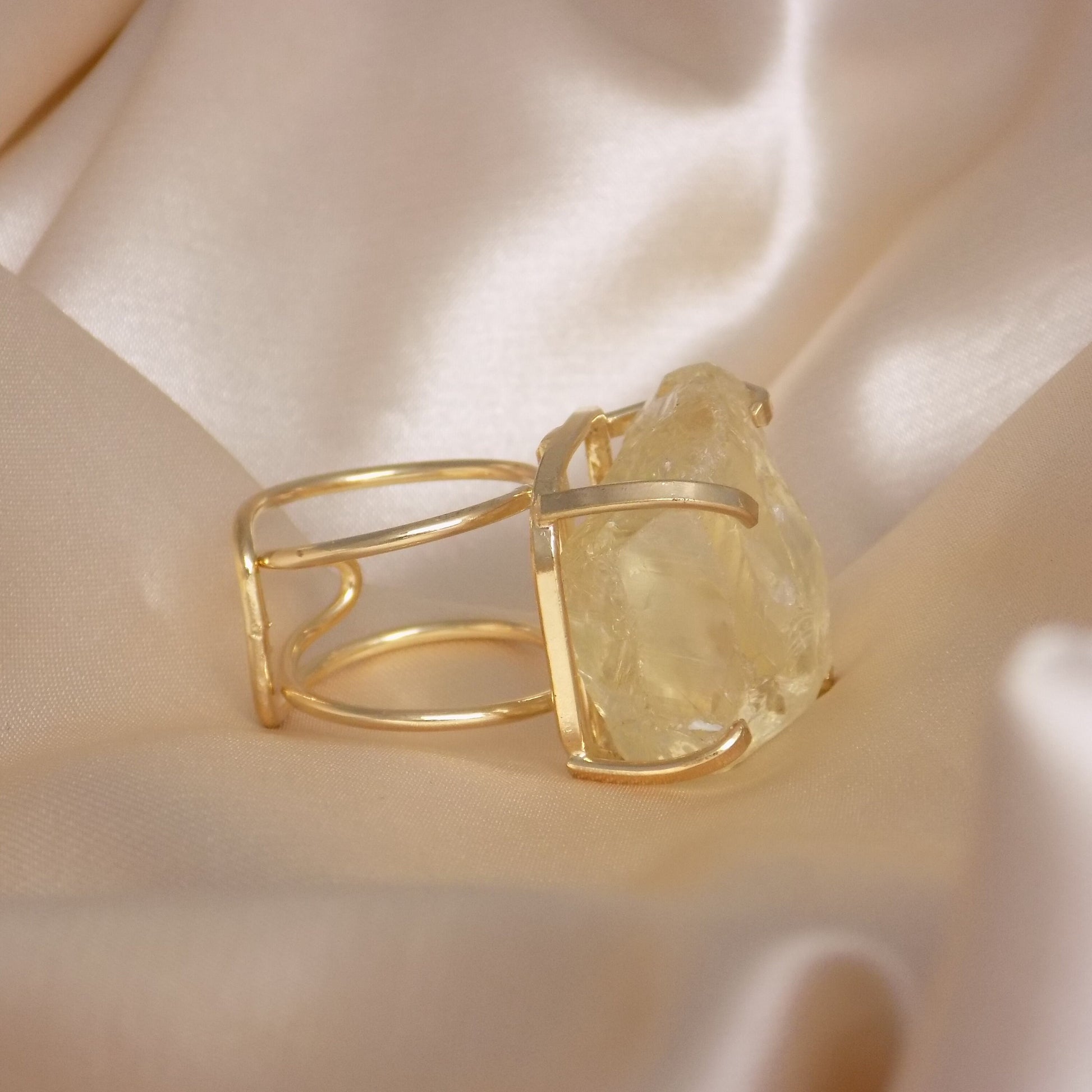 Large Citrine Ring - Raw Natural Citrine Ring Gold Plated Adjustable Band