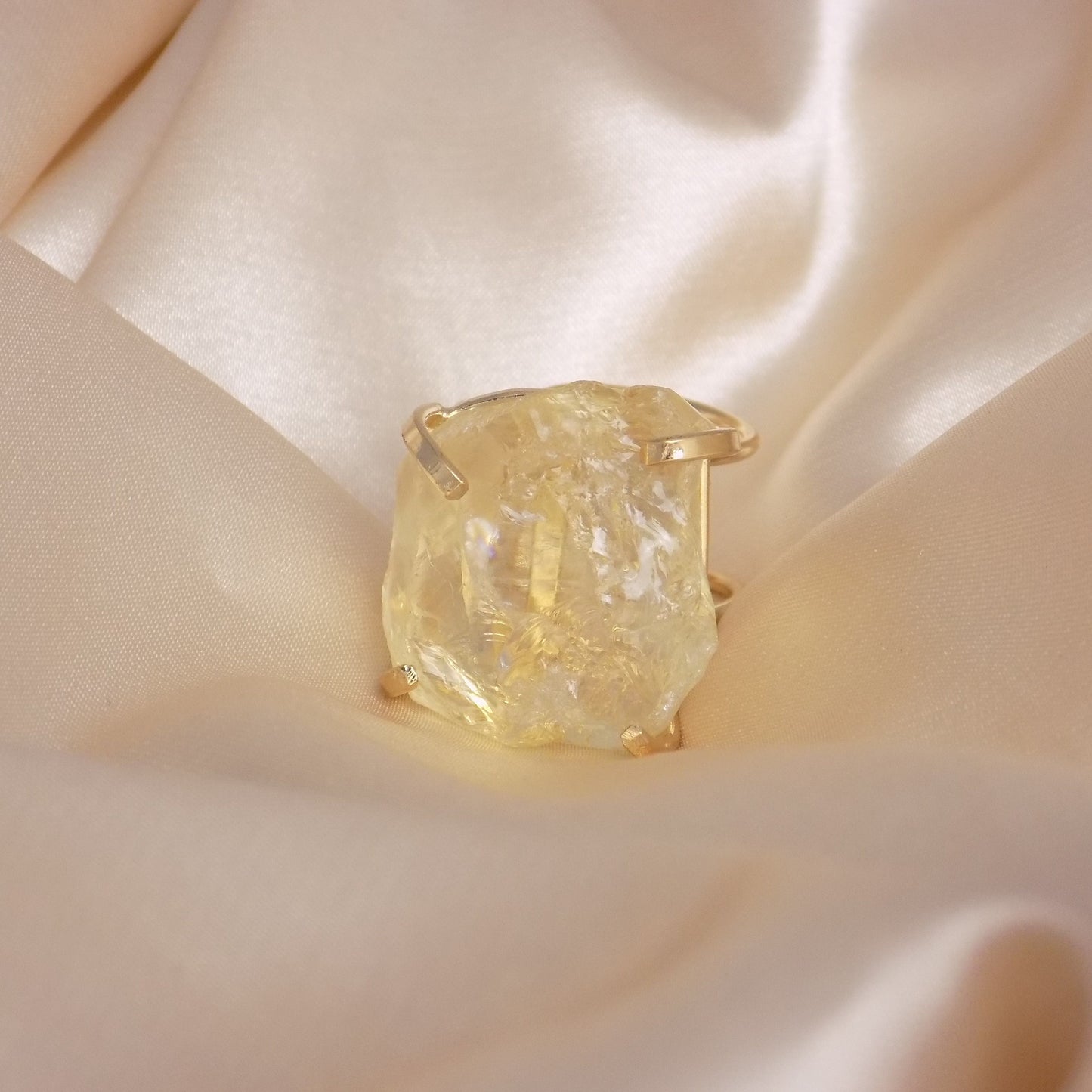 Large Citrine Ring - Raw Natural Citrine Ring Gold Plated Adjustable Band