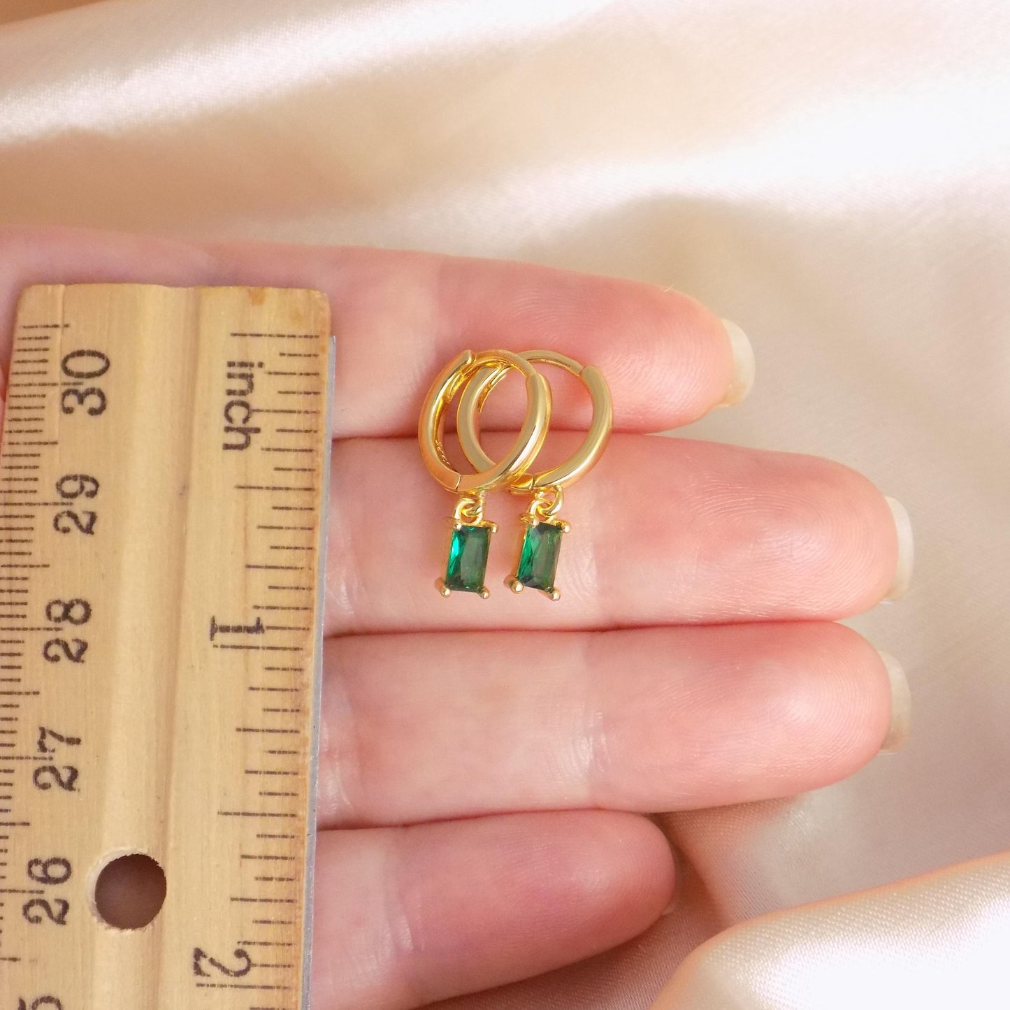 Tiny Green Emerald Earrings Gold Hoops, Rectangle Crystal, May Birthstone, Gift For Her, M7-385