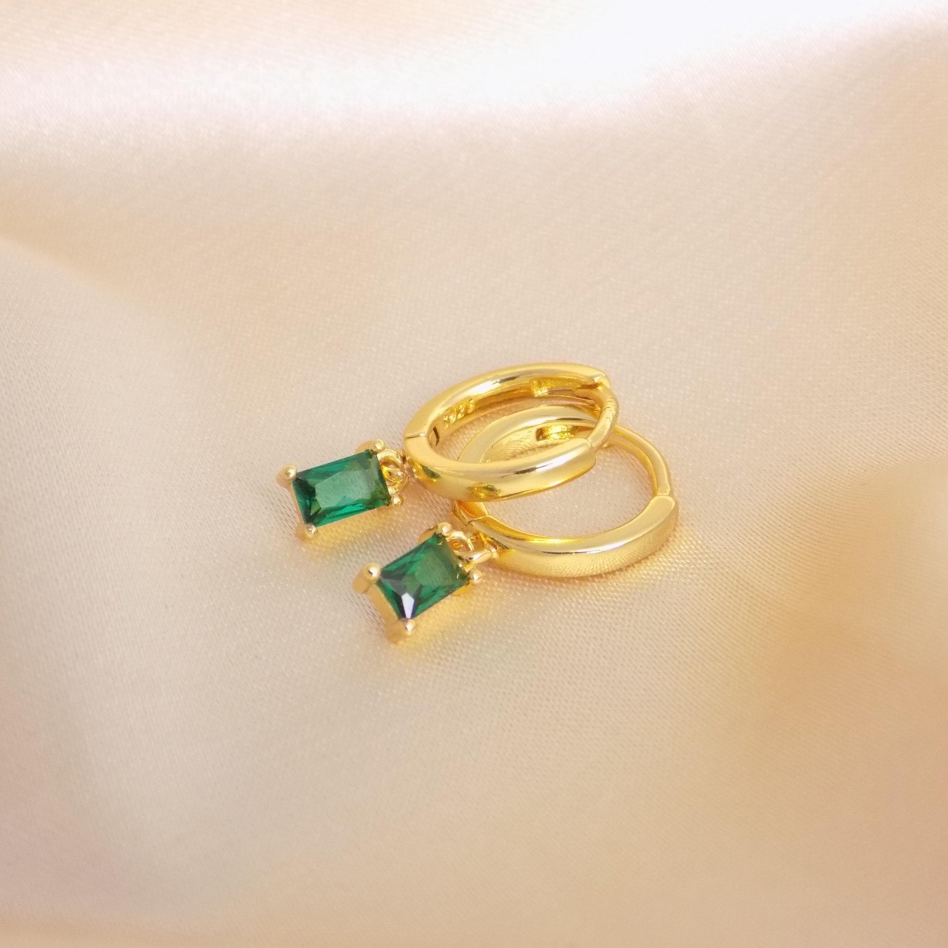 Tiny Green Emerald Earrings Gold Hoops, Rectangle Crystal, May Birthstone, Gift For Her, M7-385