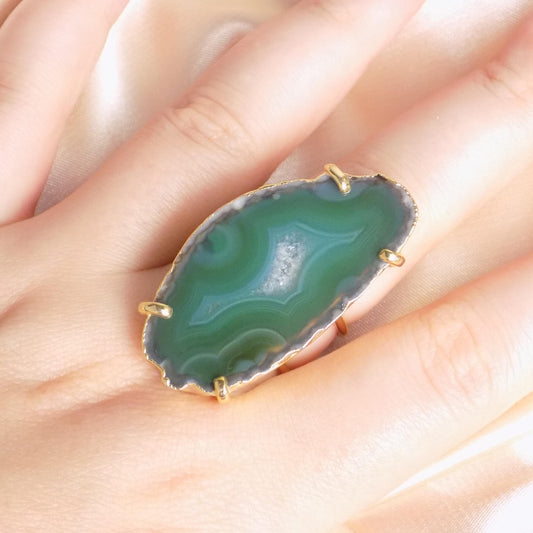 Emerald Green Agate Ring Gold - Statement Geode Ring Adjustable