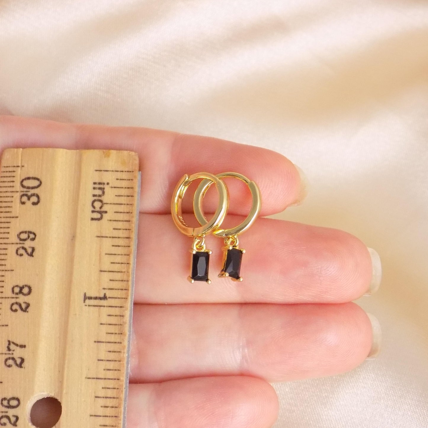 Tiny Black Earrings Gold Hoops, Rectangle Crystal, Gift For Her, M7-386