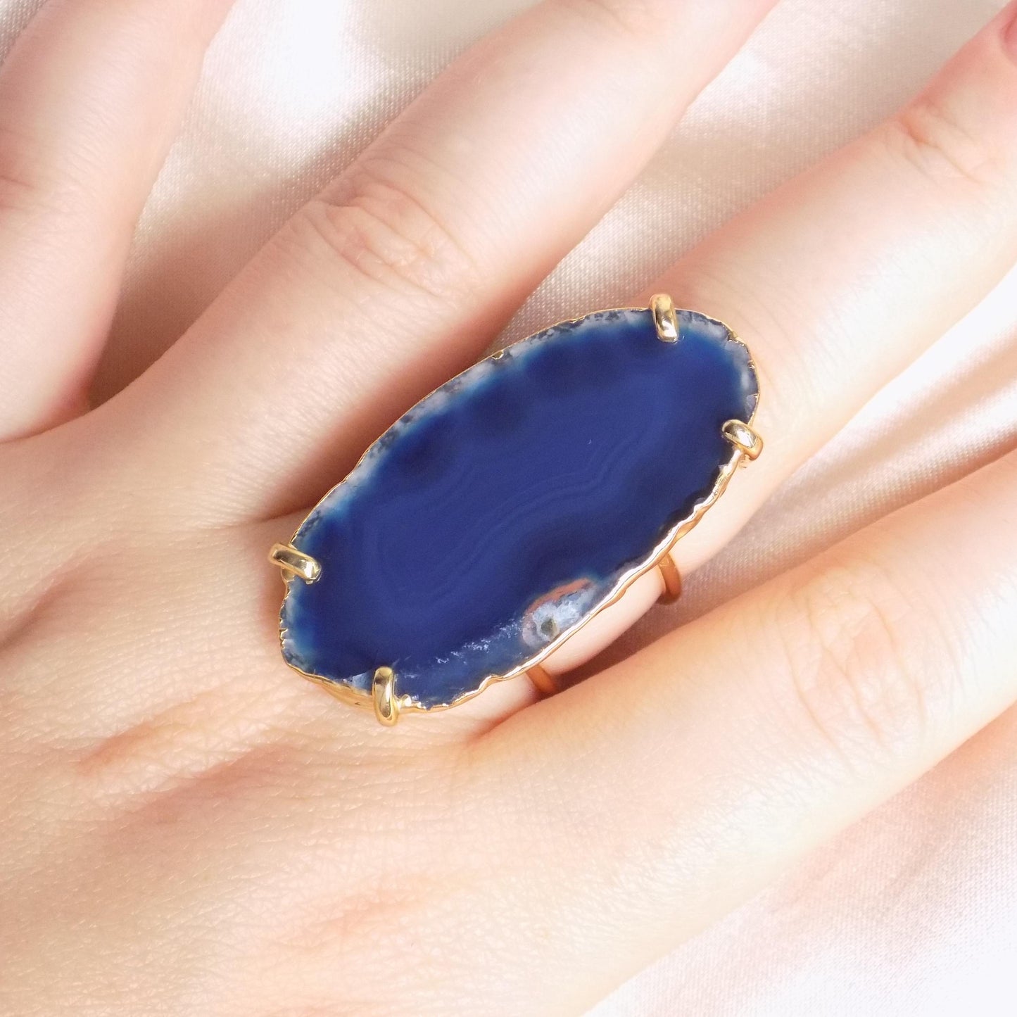 Boho Blue Agate Natural Gemstone Ring - Gold Dipped Adjustable Rings