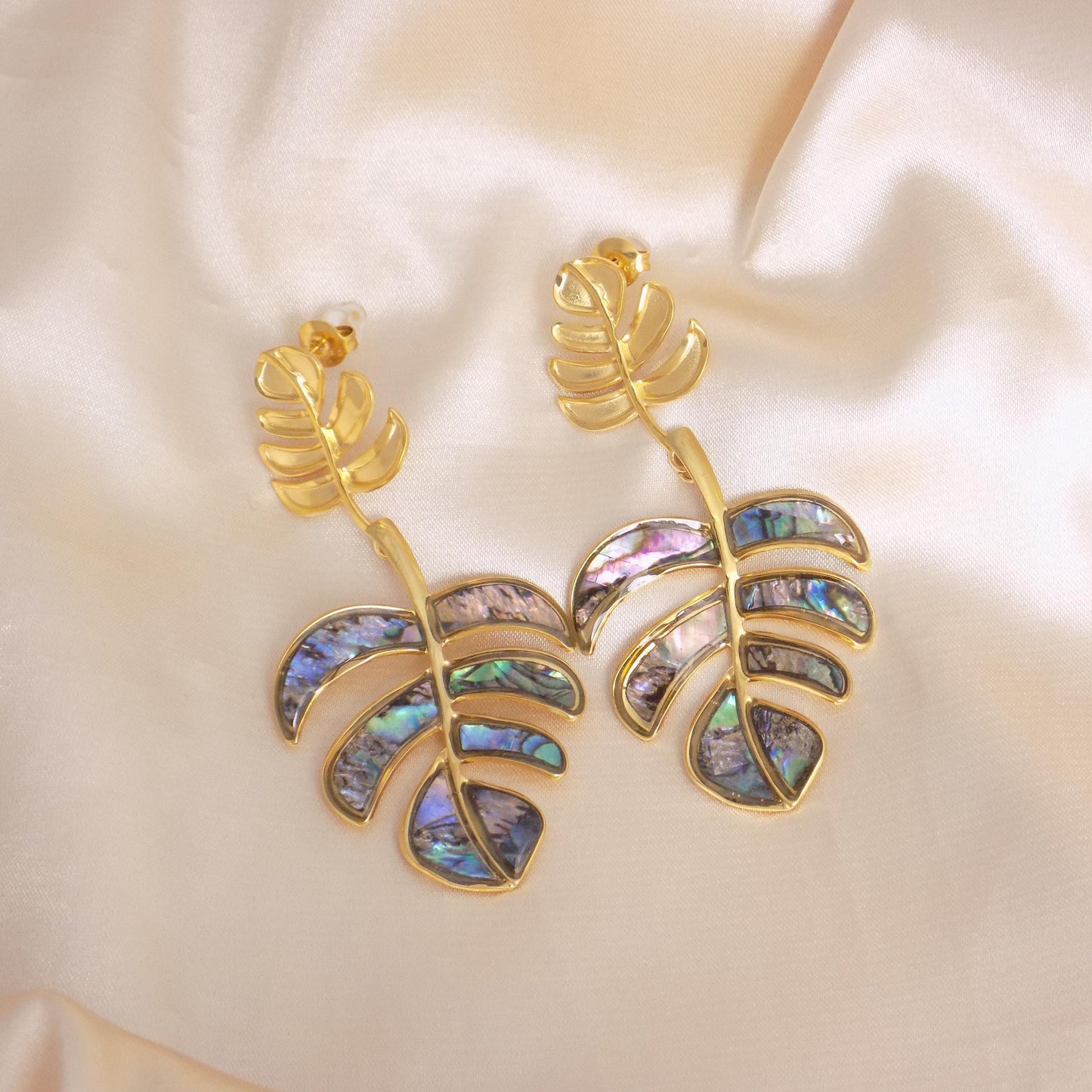 Large Gold Leaf Stud Earrings Abalone Shell - Statement Dangle Earrings - Gifts For Her - M7-389