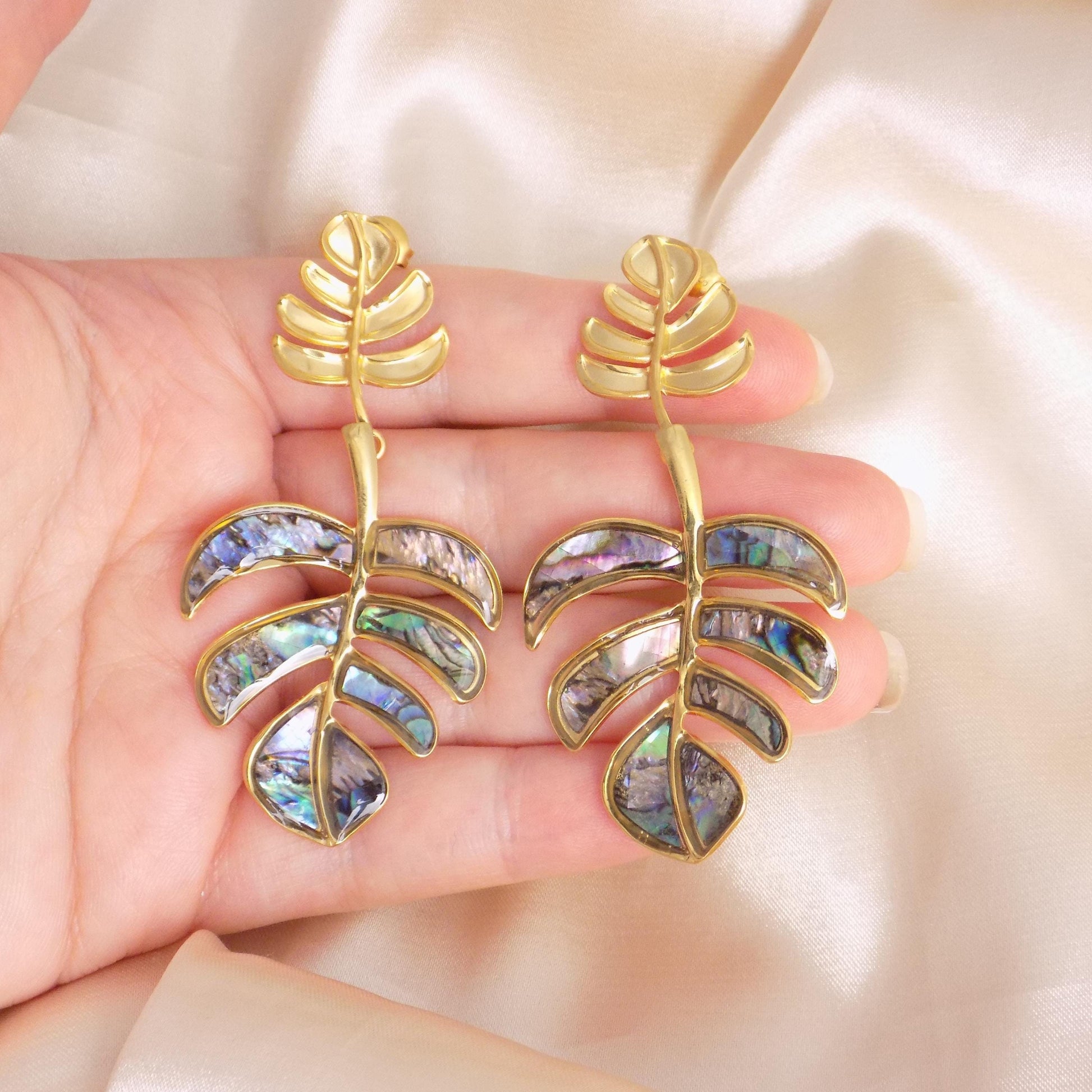 Large Gold Leaf Stud Earrings Abalone Shell - Statement Dangle Earrings - Gifts For Her - M7-389