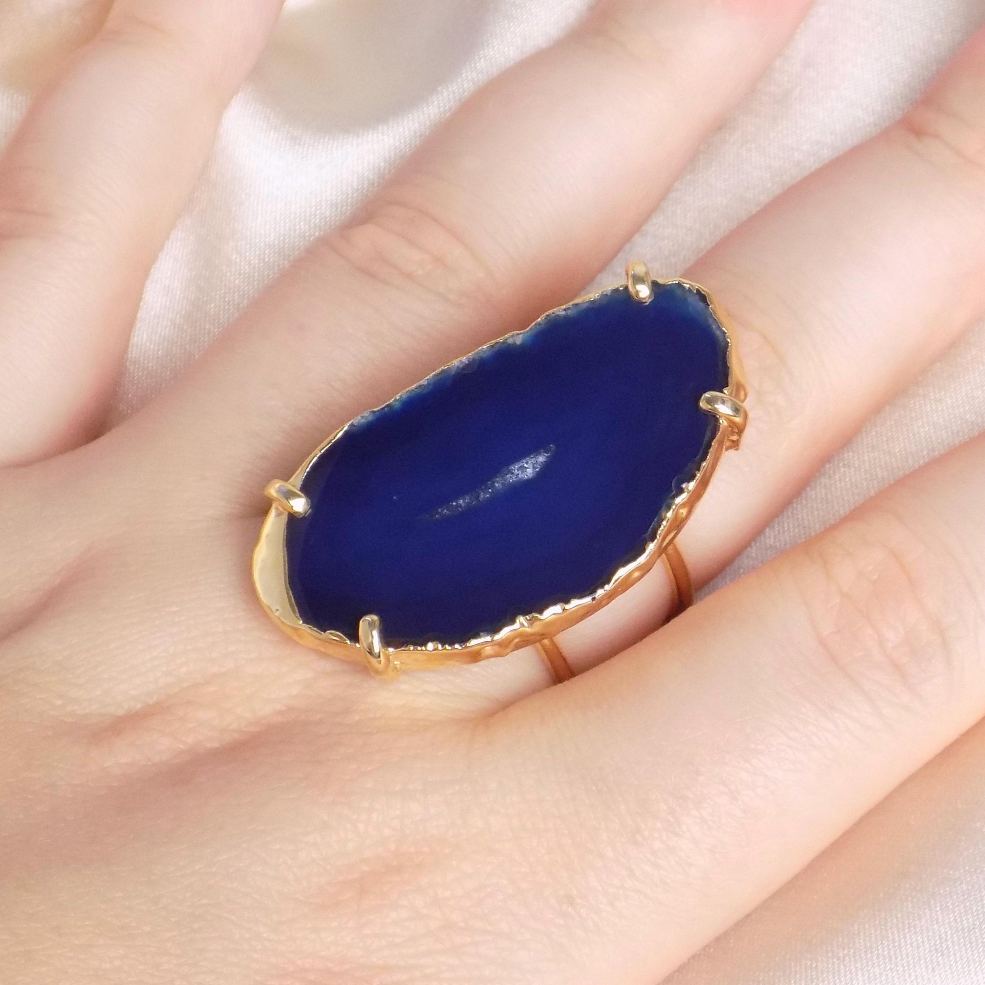 Gifts For Her, Large Blue Agate Slice Natural Gemstone Ring Gold Dipped Adjustable, G15-358