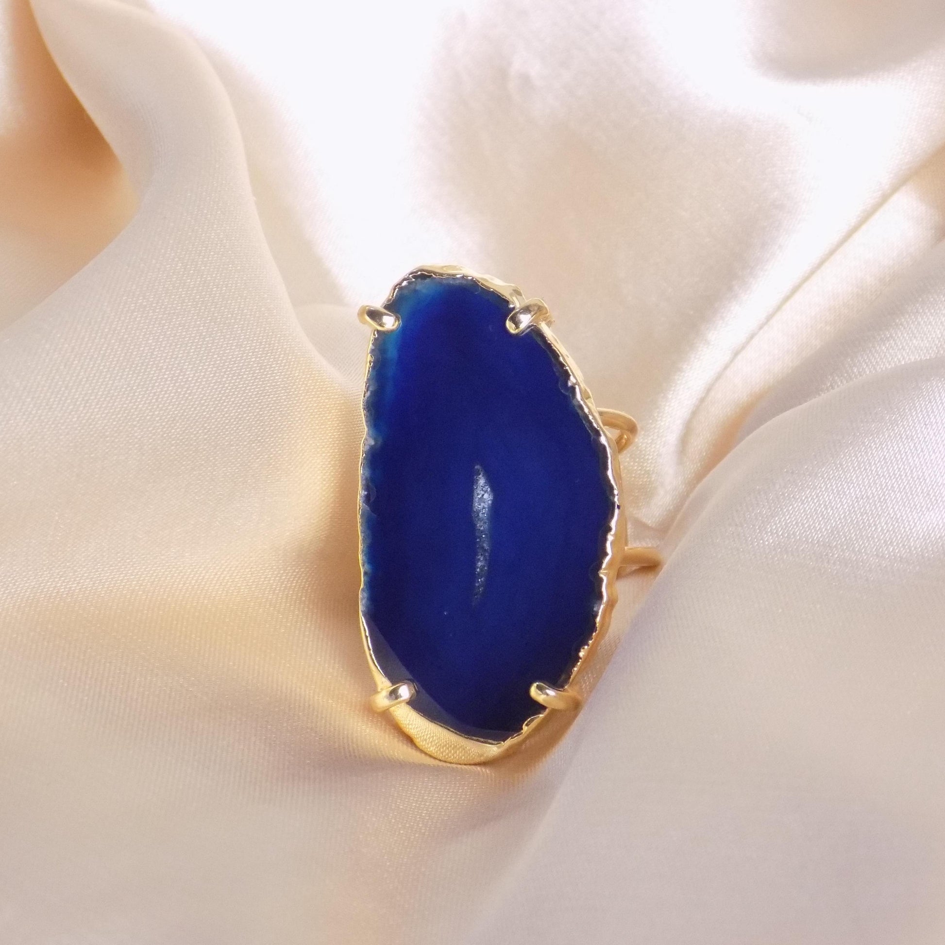 Gifts For Her, Large Blue Agate Slice Natural Gemstone Ring Gold Dipped Adjustable, G15-358