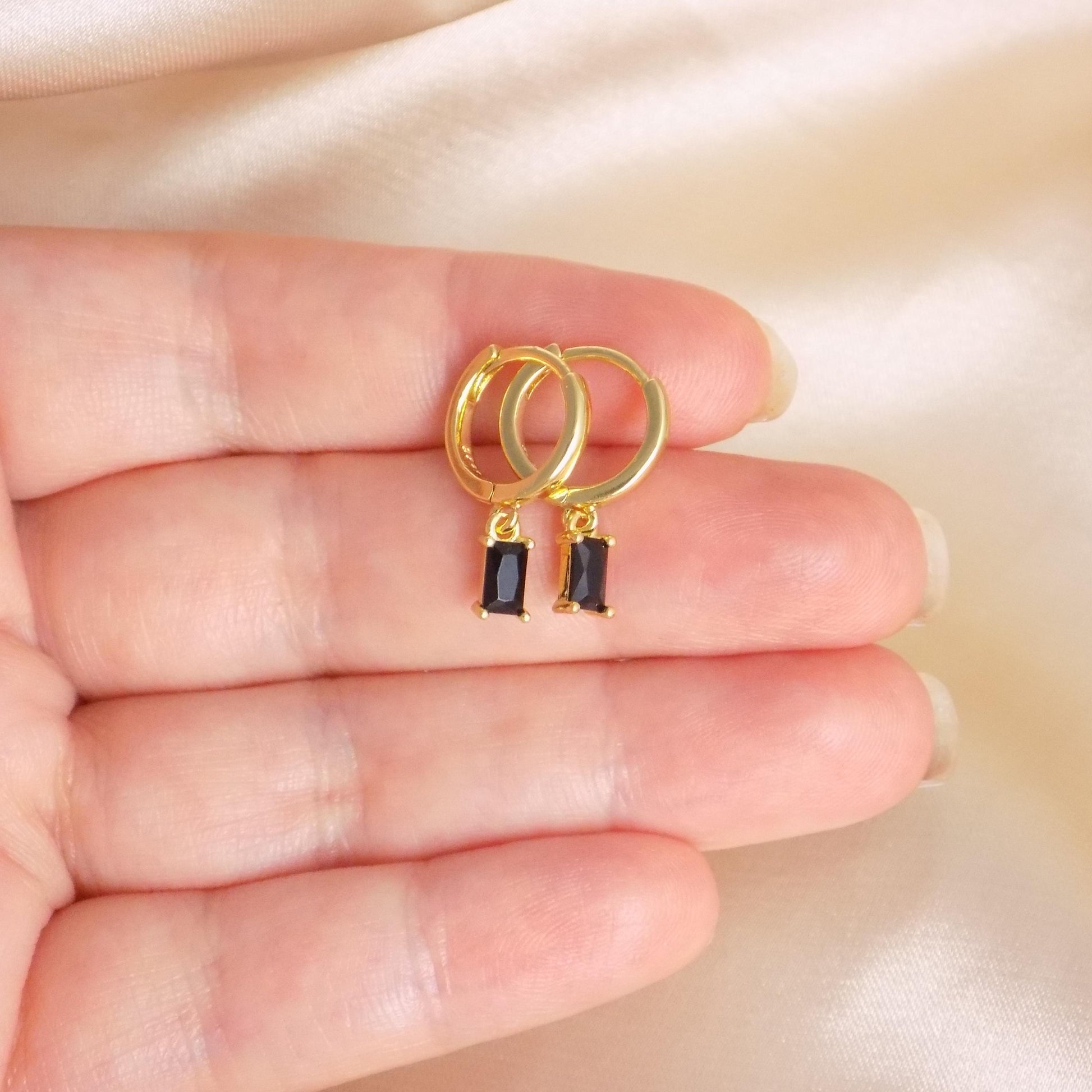 Tiny Black Earrings Gold Hoops, Rectangle Crystal, Gift For Her, M7-386