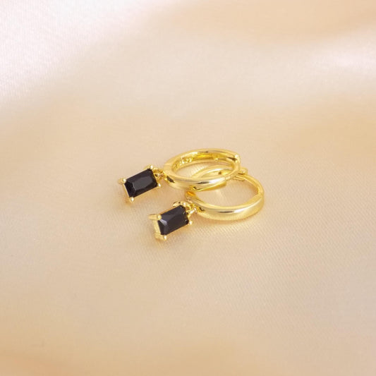 Tiny Black Earrings Gold Hoops, Rectangle Crystal, Gift For Her, M7-386