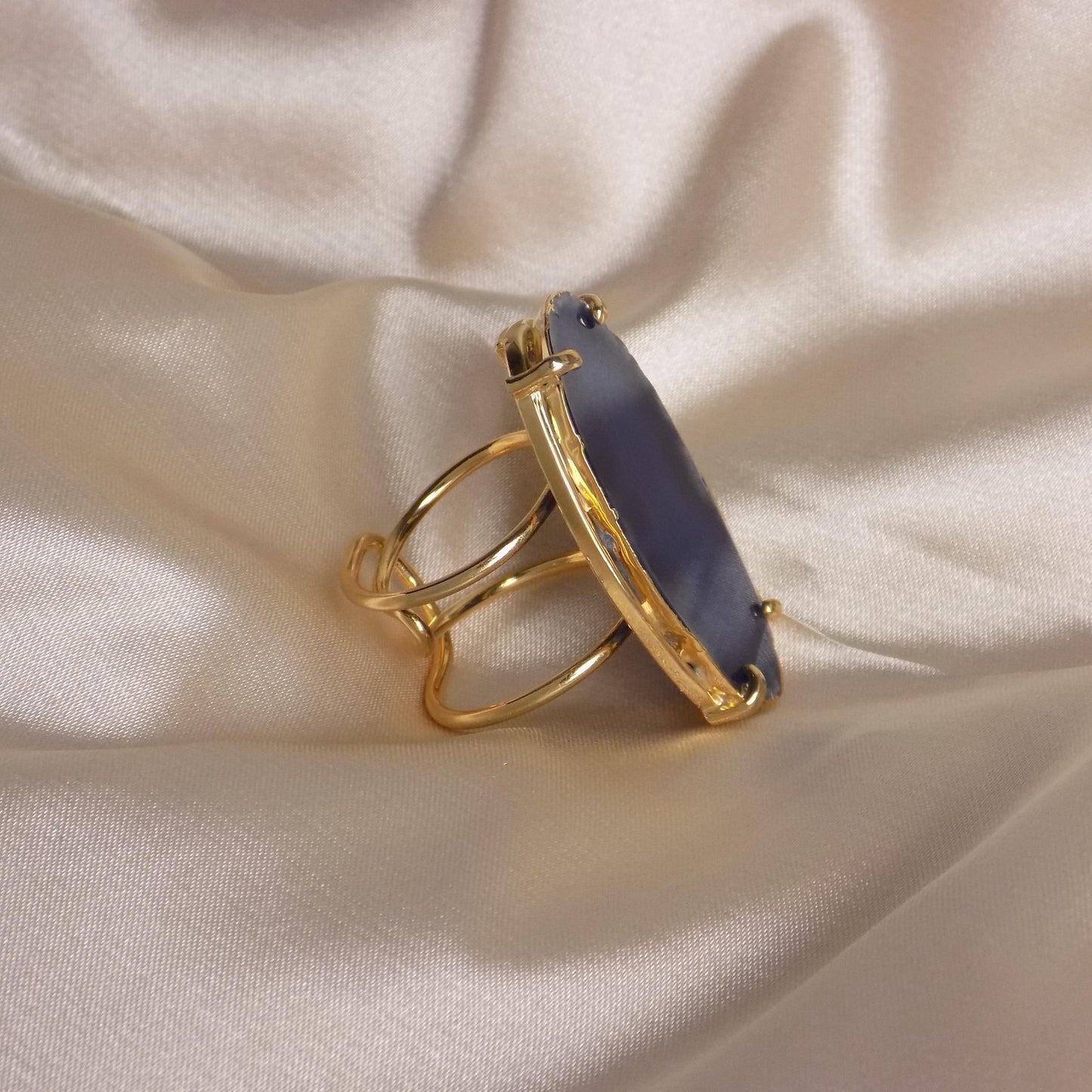 Boho Blue Agate Natural Gemstone Ring - Gold Dipped Adjustable Rings