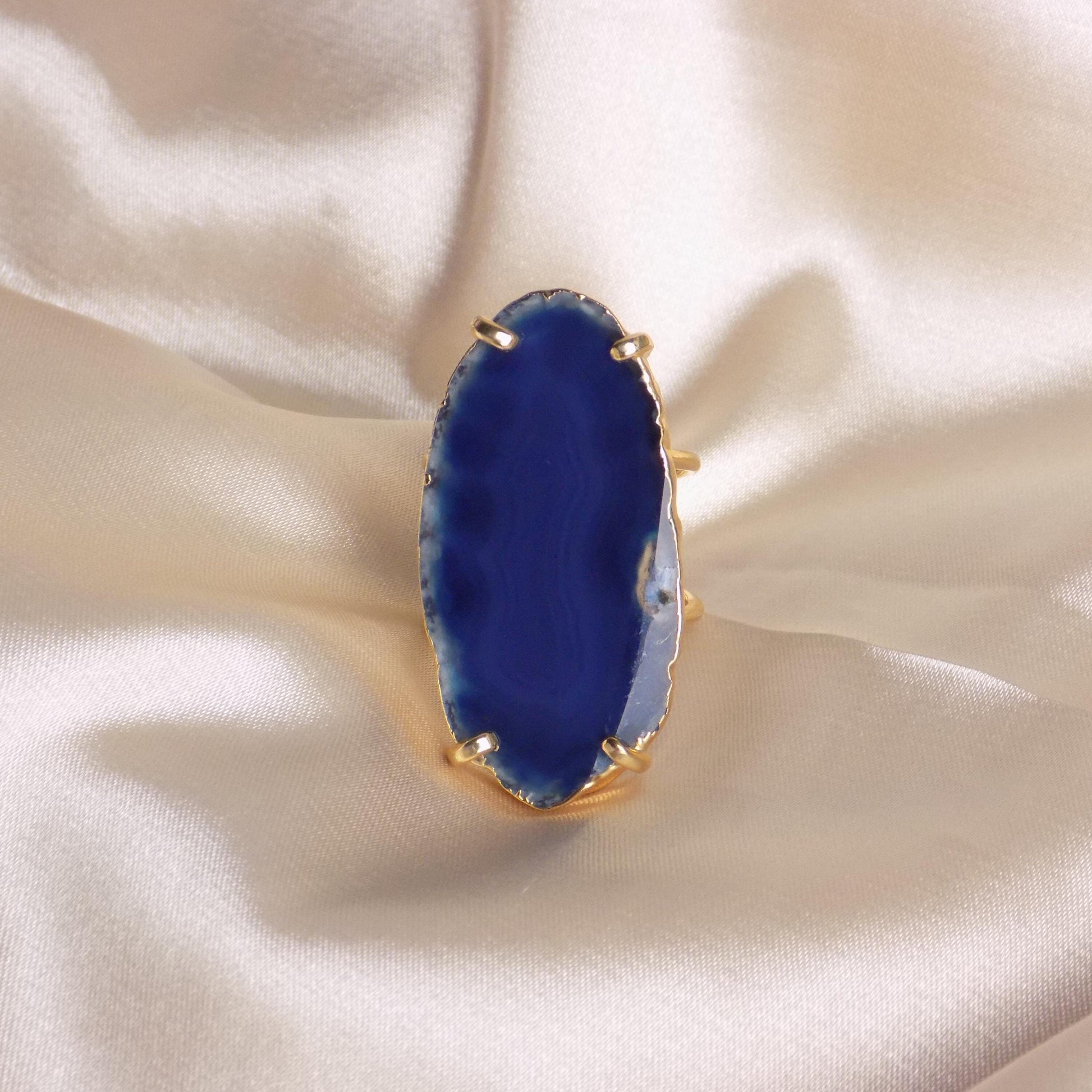 Boho Blue Agate Natural Gemstone Ring - Gold Dipped Adjustable Rings